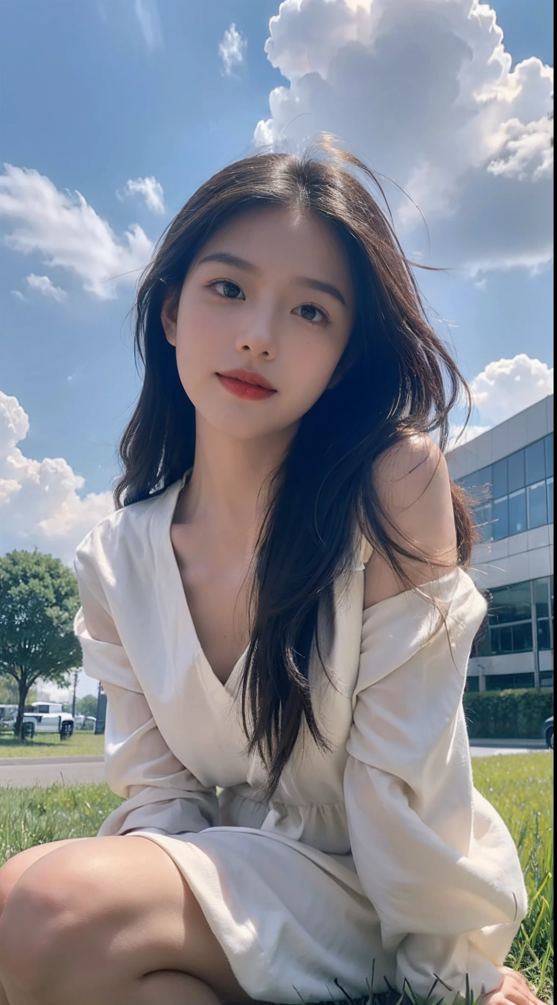 ((Best picture quality, 8K, tmasterpiece: 1.3)), self-shot,（full bodyesbian：1.5），A cute beauty with a perfect figure: 1.4, Slim， ((Brown hair black)) , (sleevelessdress，Highly detailed face，Happy expression，standing on your feet：1.2），（（A city with blue skies and white clouds）），Highly detailed facial and skin texture，wide wide shot，Ray traching