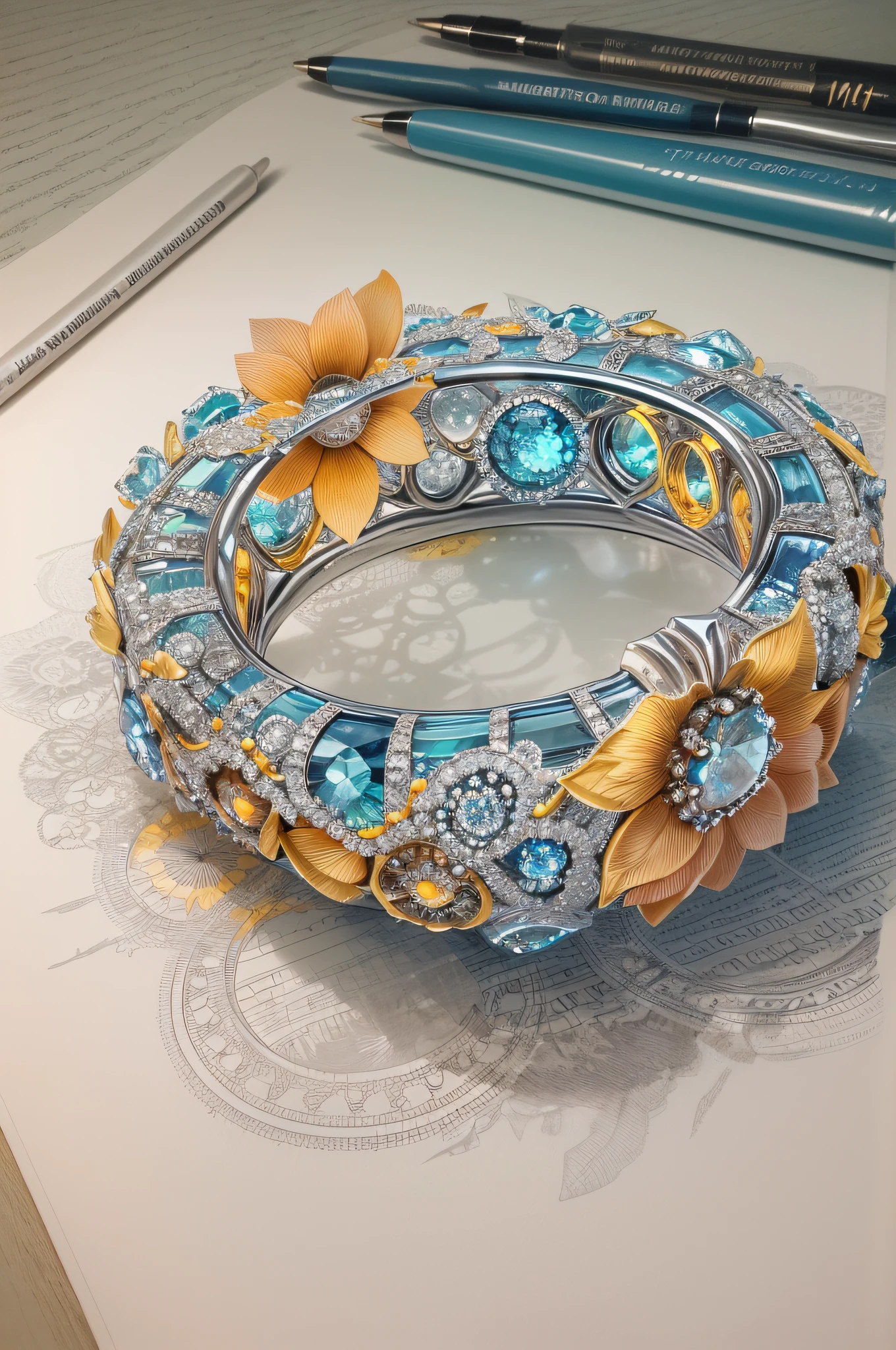 object, (1 complex magic ring made of diamonds), flower, colorful, solo focus, ballpoint pen drawing, (Masterpiece), High quality, Masterpiece