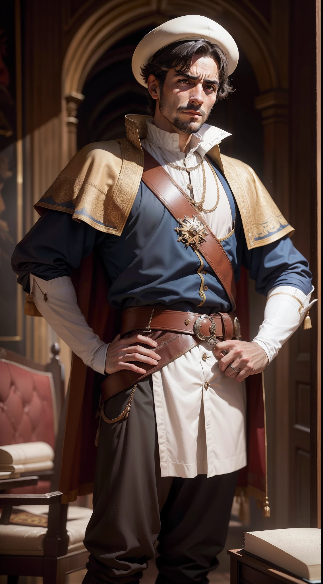 Antonio de Saldanha, navigator clothes, rich, luxurious, Aragonese, Spanish, incapable, nervous, sweating, afraid, 16th century, renaissance, age of exploration, AGE oF 40
