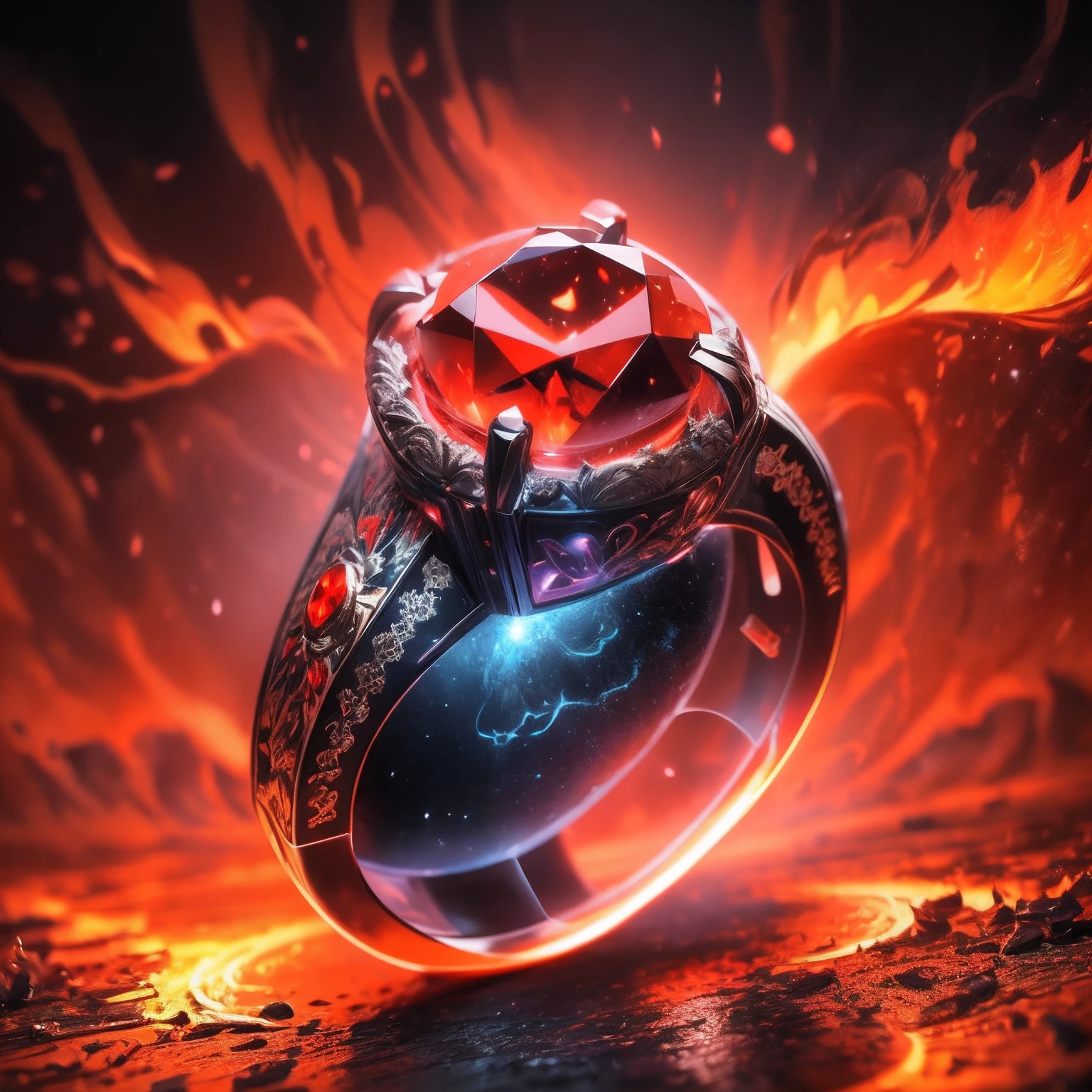 hyper HD, Super detail, Best quality, High details, 1080p, 16k, A high resolution，Silver magic ring with red diamonds，The background is a flame hexagonal magic array，(The best illustrations)，(The best shadow)，Isometric 3D.Octane rendering，Delicate fire effect，Flames in the background,  Fire reflection, fires!! Hyperrealistic, completely consisting of fire, Fire and fire, flaming background，molten lava，magma