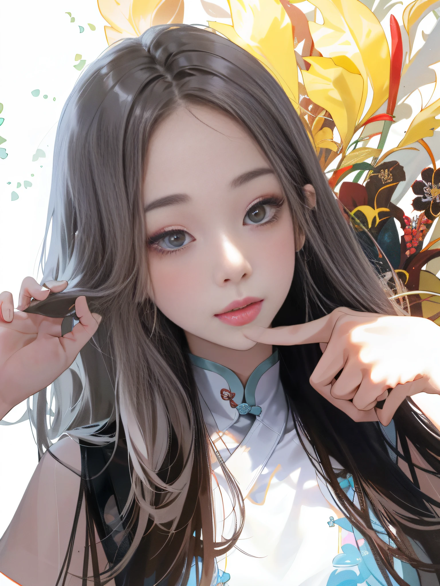There was a woman touching her chin with her hand,ChineseGirl,Beautiful girl,20yr old,White slip dress,long whitr hair,cute beautiful,Korean girl,no headwear,Finger repair