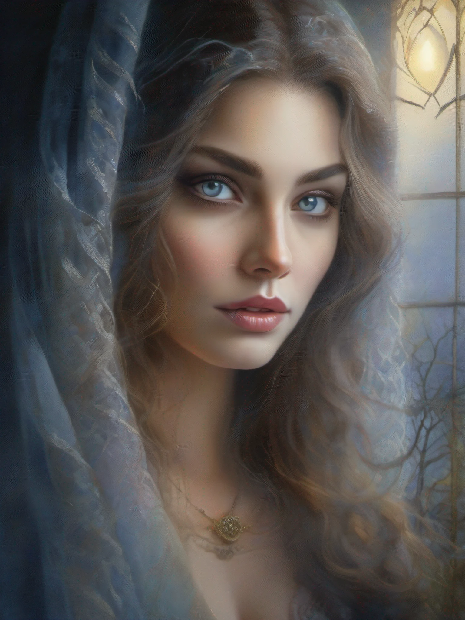 Portrait: Mysterious eyes of a beautiful, inspiring witch peer through a candlelit fog, soft cosmic moonlight, silk curtain blowing through an open window overlooking a mystical, enchanted forest, Watercolor, trending on artstation, sharp focus, studio photo, intricate details, highly detailed, by greg rutkowski