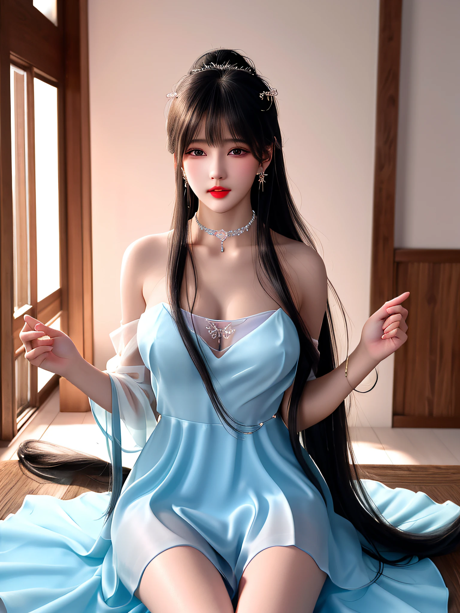 A high resolution、1girl、perfect body figure ：1.4，Clear silk porcelain light blue dress、Red bandeau(focal point),Tight underwear,Nice face、hair adornments、looking at viewert、 (cparted lips:1.5)，pastel blue dress、Luxuriously silky bright red chiffon overshine（Illusion，glitters，Ultrathin，softness，），hair adornments、choker necklace、jewely、The hairstyle is very long，Wavy、耳Nipple Ring、pretty  face、on the body、Tindal effect、hentail realism、Shadow Studio、edge lit、bicolor lighting、（highdetailskin：1.2）、8k UHD、DSLR、softlighting、high high quality，Volumetriclighting，photore，High resolution 4K，8k，blur backgroun，Exposed cleavage