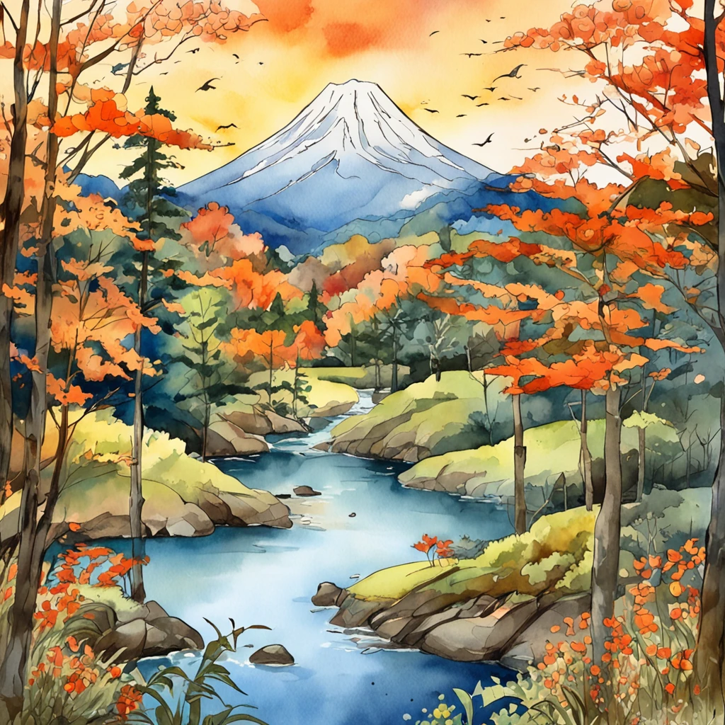 Intricate painting details of Japanese forests, By range Murata, galaxy in background, Clouds, vivd colour, High contrast, Mountain, vector line art, orange highlights, trending in pixiv, anime concept art, Stick, Mattire, high high quality, Edge to edge, Sanskrit