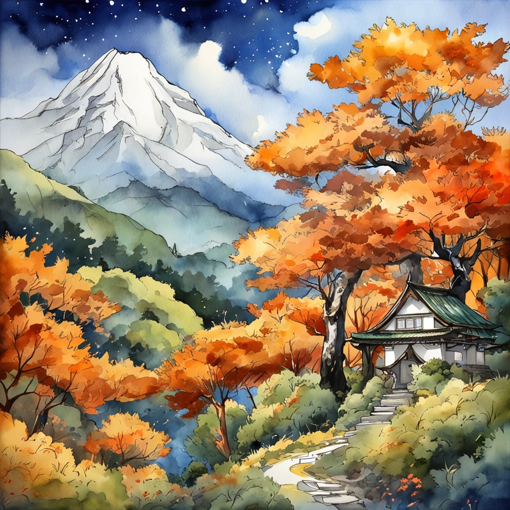 Intricate painting details of Japanese forests, By range Murata, galaxy in background, Clouds, vivd colour, High contrast, Mountain, vector line art, orange highlights, trending in pixiv, anime concept art, Stick, Mattire, high high quality, Edge to edge, Sanskrit