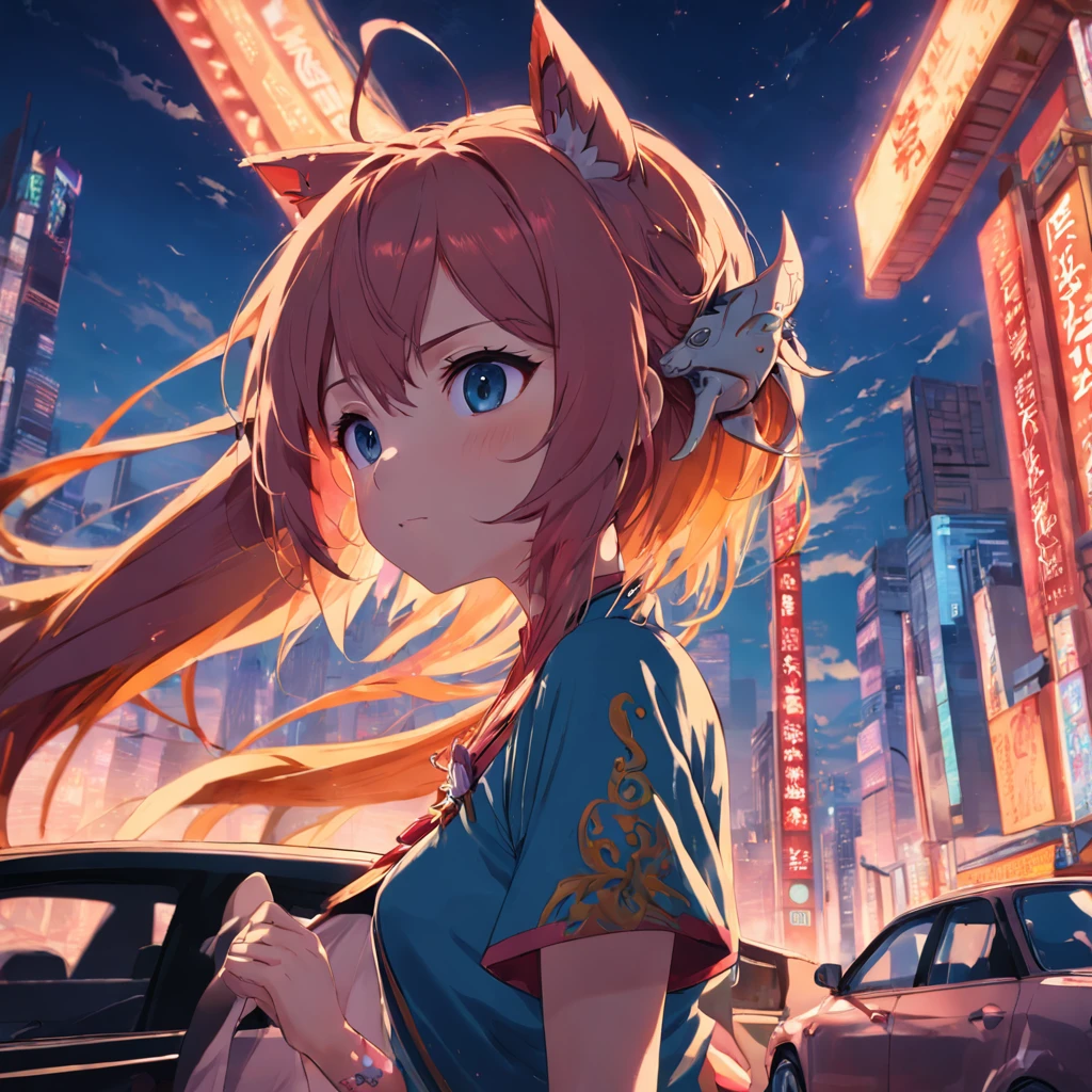The Car,setting sun,Over the city,surround,closeup cleavage,chinesedragon