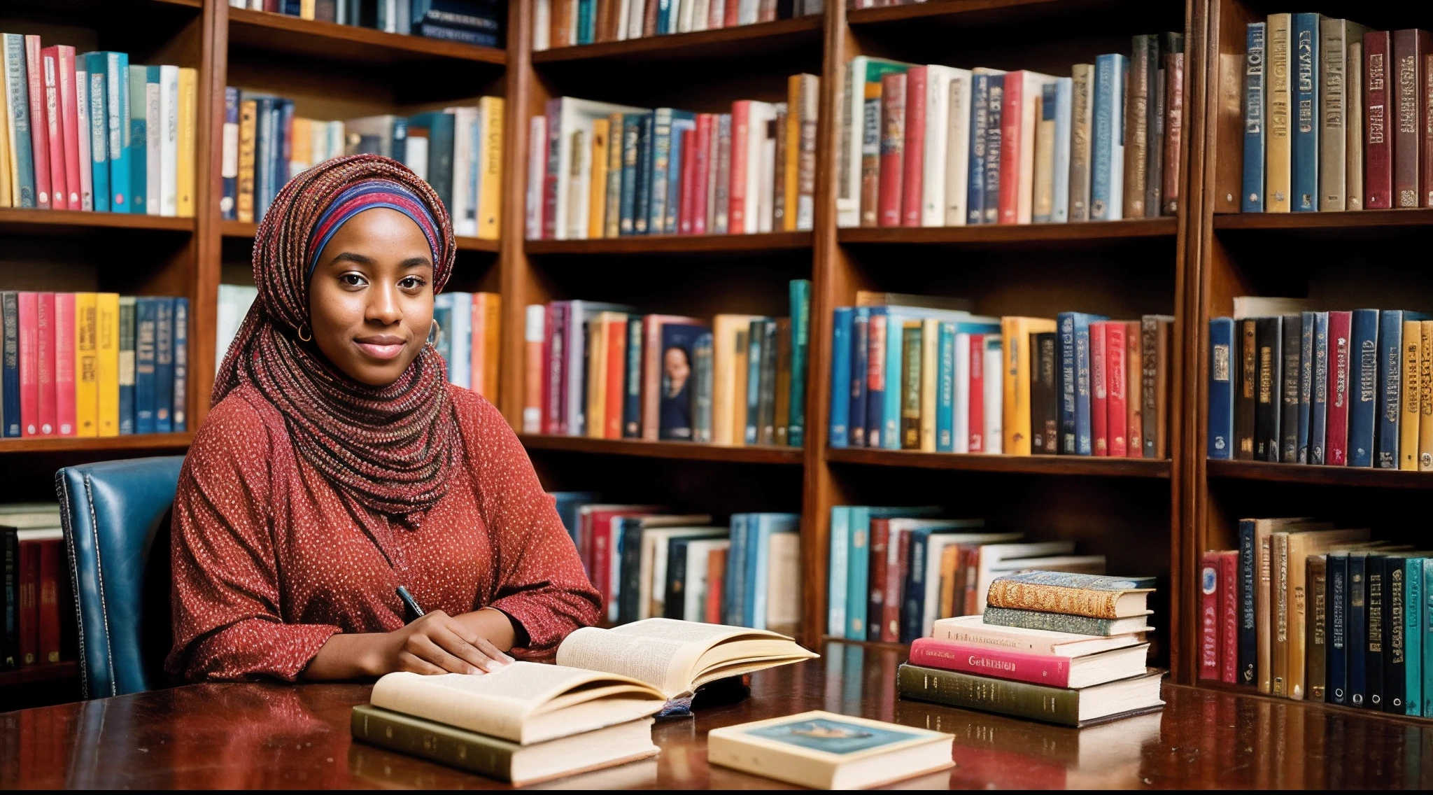 instagram photo, An intimate portrait of an afro american woman in the  hijab surrounded by literary treasures, her eyes reflecting the joy of exploring new worlds through books, Canon EOS RP with 50mm f/1.8 lens, warm indoor lighting, contemplative literature photography.