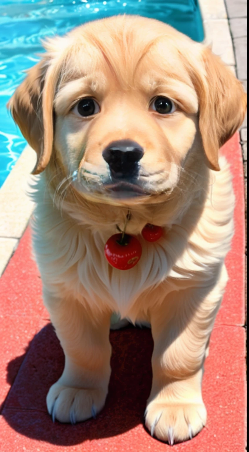 : 3. Golden retriever puppy, realistic, hairy, swimming clothed animal, apple, clear circles, blush, cherry, food, fruit, full body, hat, non-human, strawberry, tomato, watermelon