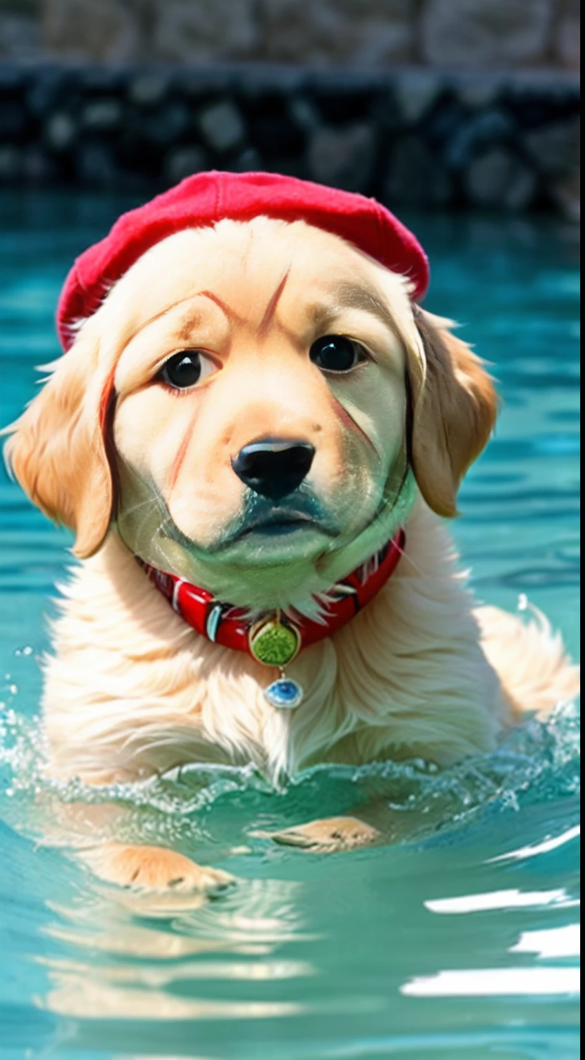 : 3. Golden retriever puppy, realistic, hairy, swimming clothed animal, apple, clear circles, blush, cherry, food, fruit, full body, hat, non-human, strawberry, tomato, watermelon