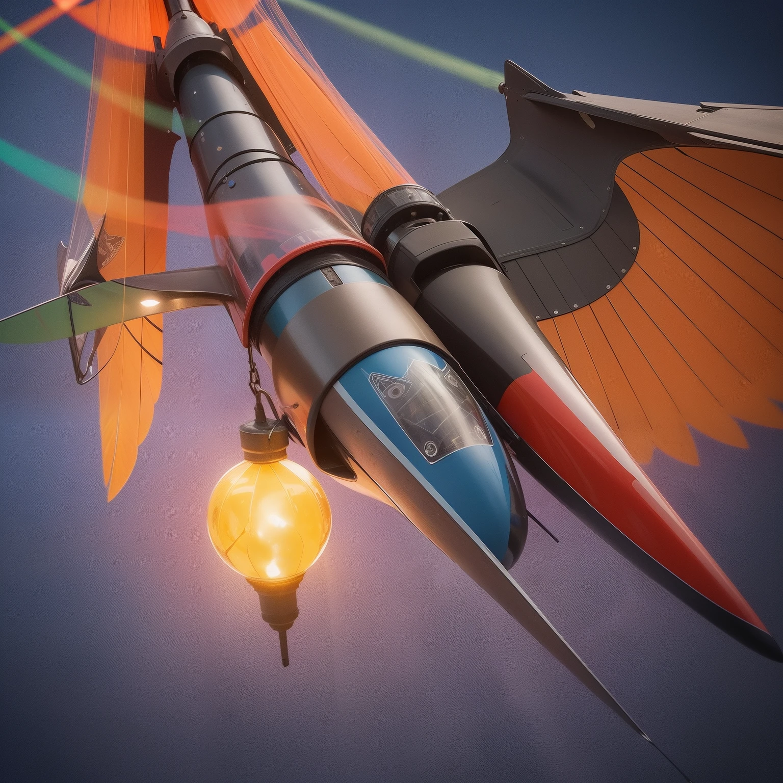 Flying penis, wings, jet motors, long shaft with portholes, red, green, blue, yellow, orange, purple, indigo,  head, long hanging balls in a sack with hair, pubic hair