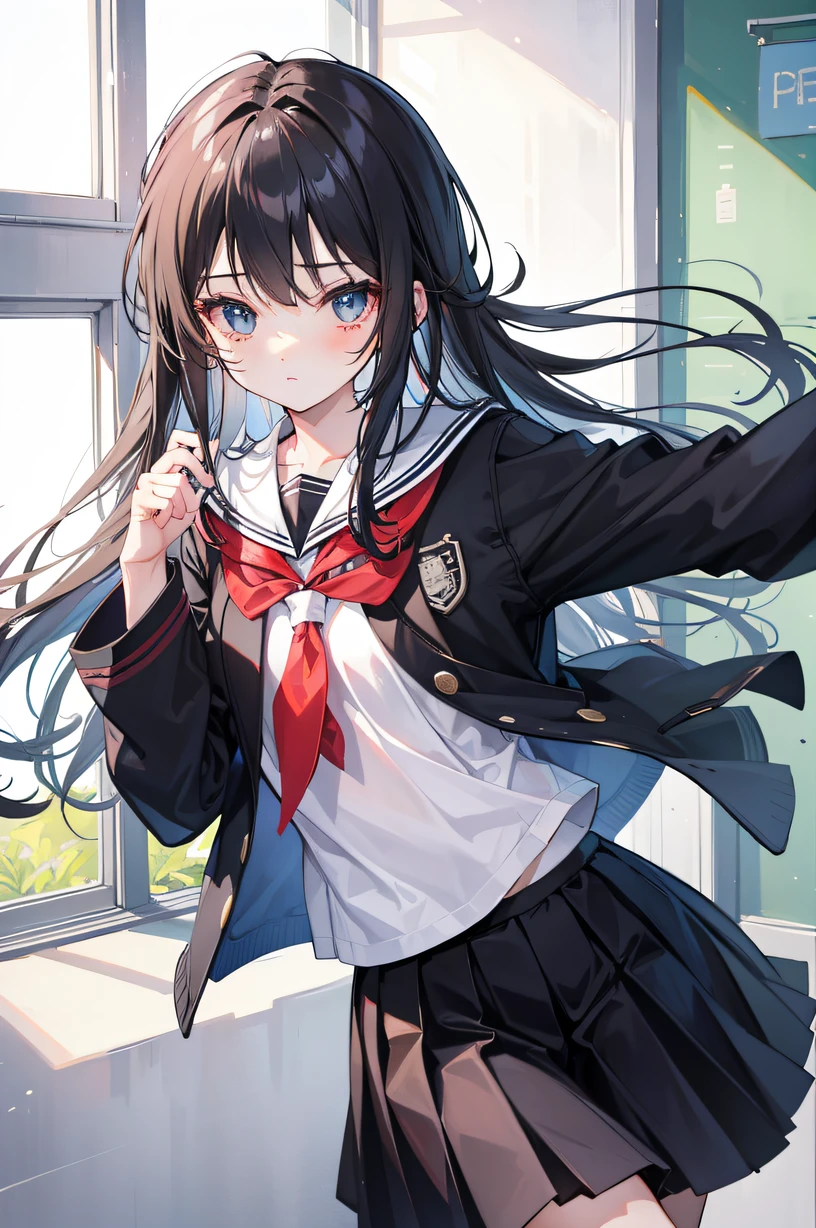 an anime character with long brown tresses and a short miniskirt in sailor very open outfit, holding a bow and arrow, 1girl, solo, lift miniskirt, sexy, very short school uniform, sexy, short serafuku, firm medium breasts, long hair, black hair, cowboy miniskirt, looking at viewer, white background, simple background, black serafuku, pleated skirt, blush, random low angle, uncensored, 90% nude, nsfw, all intricate details
