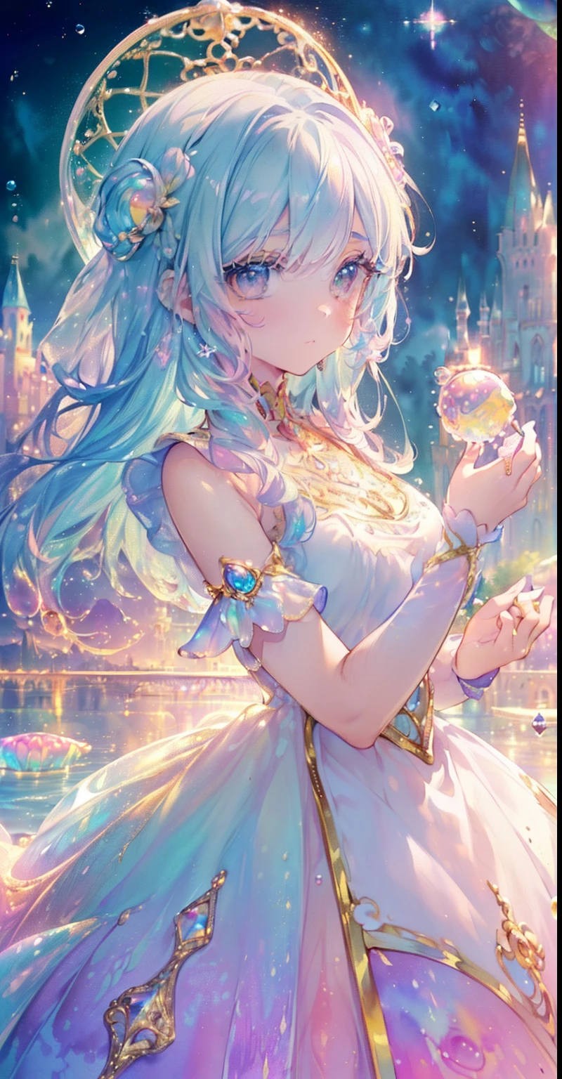 (((masterpiece, best quality, 8k resolution, sharp focus, Intricate details, beautiful girl, bright eyes, Face Golden Ratio, otherworldly liquid, watercolor, ((Pastel)), Bright colors, whimsical, Multifaceted, focus sharp, very high resolution, fine detail, fantasy princess ball gown, ((round eyes)), iridescent bubbles, castle landscape in the background)