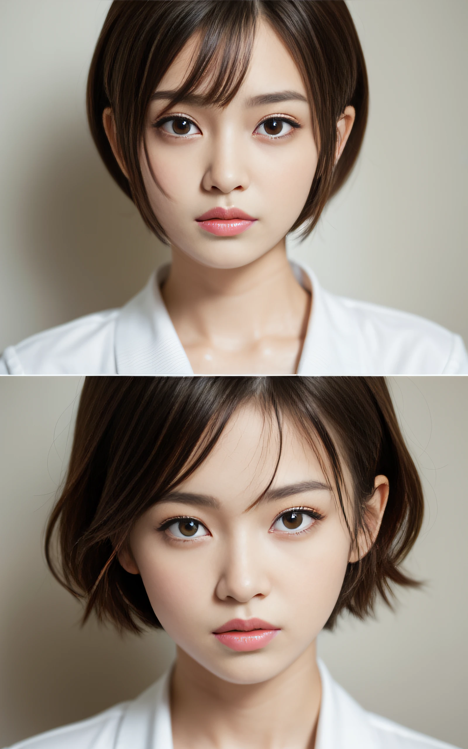 Visual blockbuster on the theme of hairstyle, Japanesegirl with short hair, fashionable clothing with light hair, Chinese girl looking frontally at the camera, without makeup highlighting the texture and pores of facial skin, full color picture, close up - white solid background