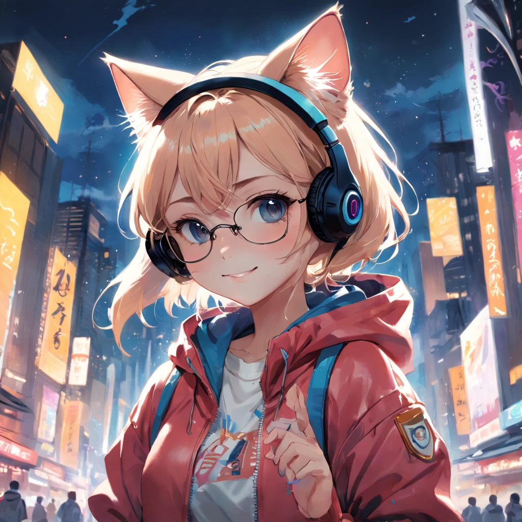 Perfect centering, A cute kitten all over, Wear a student varsity jacket, Wearing sunglasses, Wearing headphones, Big smile, Standing position, Abstract beauty, Centered, Looking at the camera, Facing the camera, nearing perfection, Dynamic, Moonlight, Highly detailed, Digital painting, art stations, concept-art, smooth, Sharp focus, 8K, high definition resolution, illustration, Art by Carne Griffiths and Wadim Kashin, White background