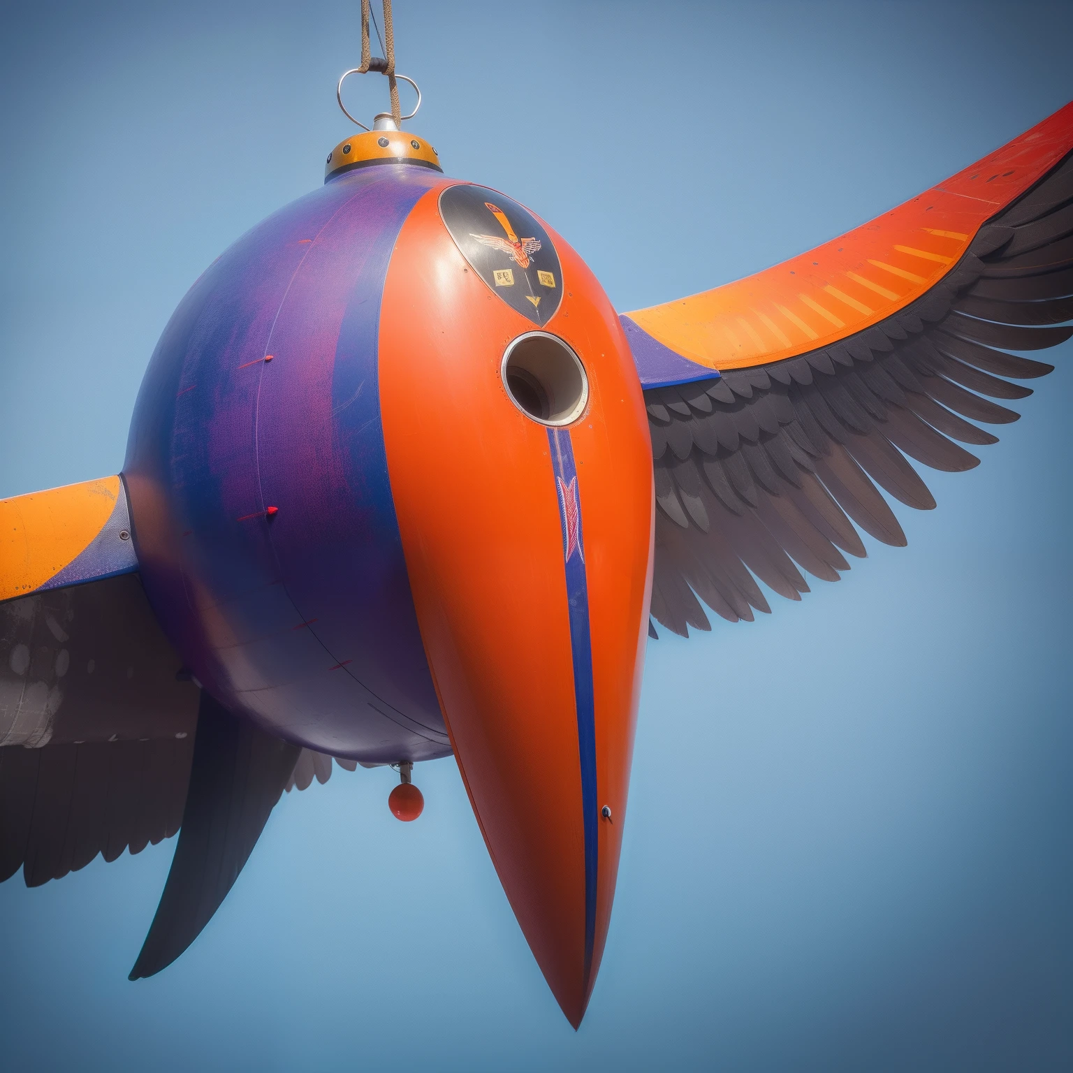 Flying penis, wings, jet motors, long shaft with portholes, red, green, blue, yellow, orange, purple, indigo, head, long hanging balls in a sack with hair, pubic hair