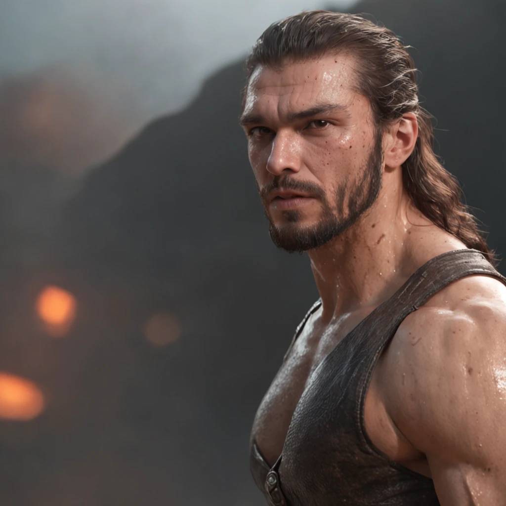 Homme arde aux cheveux roux, muscular male, muscular male hero, muscular character, Character Art Le Contra, Conceptual art under the name of Ernest Khalimov, inspired by Ryan Barger, Attractive flesh male with armor, Muscular body with combat scars, Incroyable concept art de personnage 8K, Directed by: Shen Zhou, Epics, (Rendu 3D professionnel:1.3) de (Realstic:1.3) The most beautiful art photo in the world，Soft features, brilliant male heroes, ((Epic hero fantasy rough muscular man wet hero look long hair short beard and fierce expression in dynamic pose, Emplacement fantastique, Majestic and crowded environment)), Rendering the 8K unit of the whole body, action SHOT, pores de la peau, Very dark lighting, ombrage lourd, detailded, face detailed, (vibratoire, Realistic Photography, Realstic, dramatique, Sombre, mise au point nette, 8k), (Old leather clothes damaged by the weather:1.4), ((((Utiliser des skins)))), (complexe:1.4), decadent, (highly detailed:1.4), digital painting, rendu par octane, Art stations, Concept-Art, lisse, mise au point nette, illustration, Germ of art, (loish:0.23), WLOP Ilya Kuvshinov, e Greg Rutkowski et Alphonse Mucha Gracias, (Illumination globale, Studiolight, Lightweight volumetric), fortes pluies, particules flottantes, fripon, Fantaisie, Notre, Corps inteiroesbien, ((Dark and ancient background of the city:1.3)),CGSesociedade,Art stations