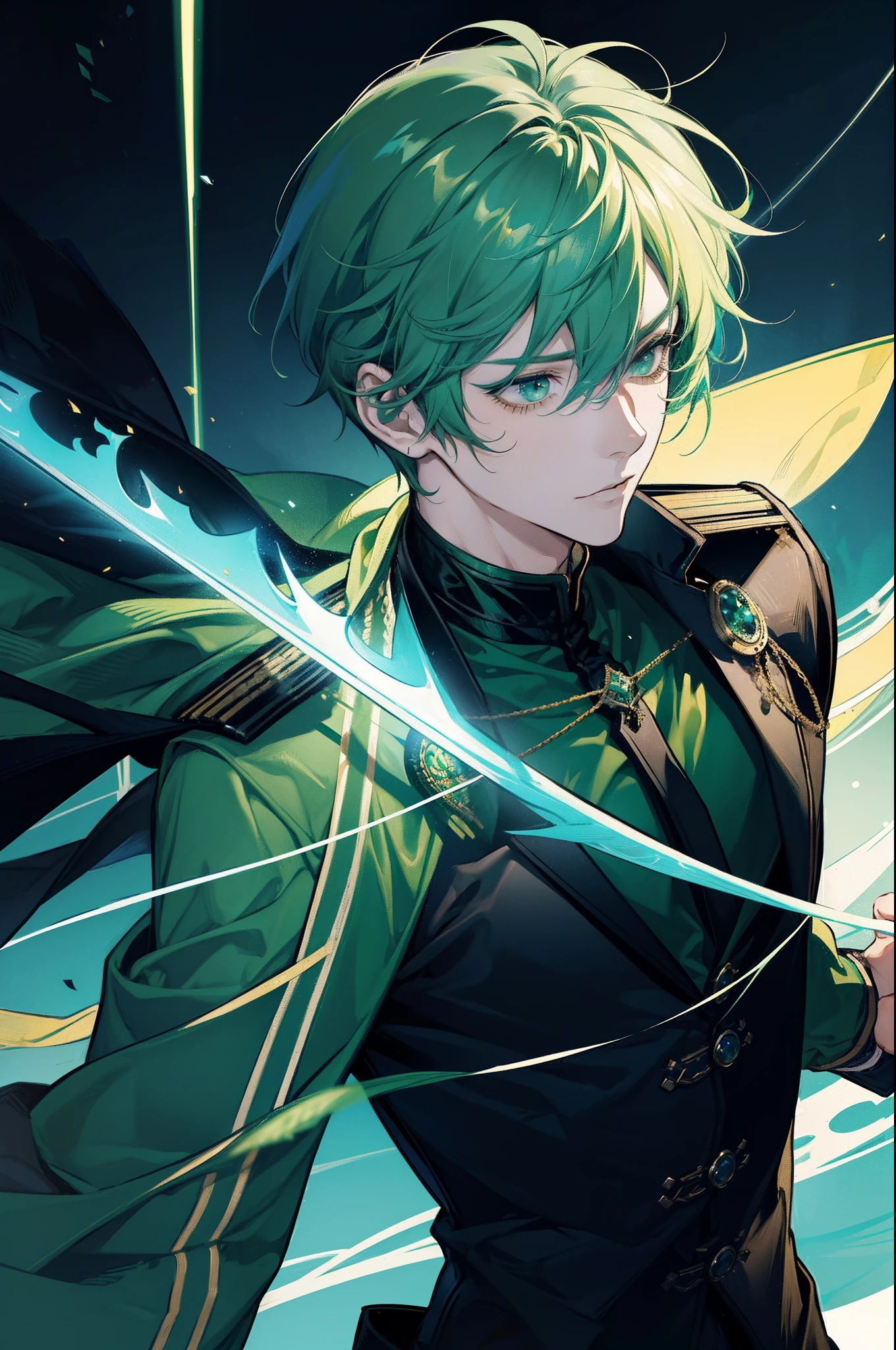 zero of grand chase and u. man, with long spiky light green hair, with a mask that hides his eyes, he has a lock of hair that covers one eye, he is strong, thin, wears an open jacket showing his body, green with yellow details, tight pants dark green, wears a giant sword on his back