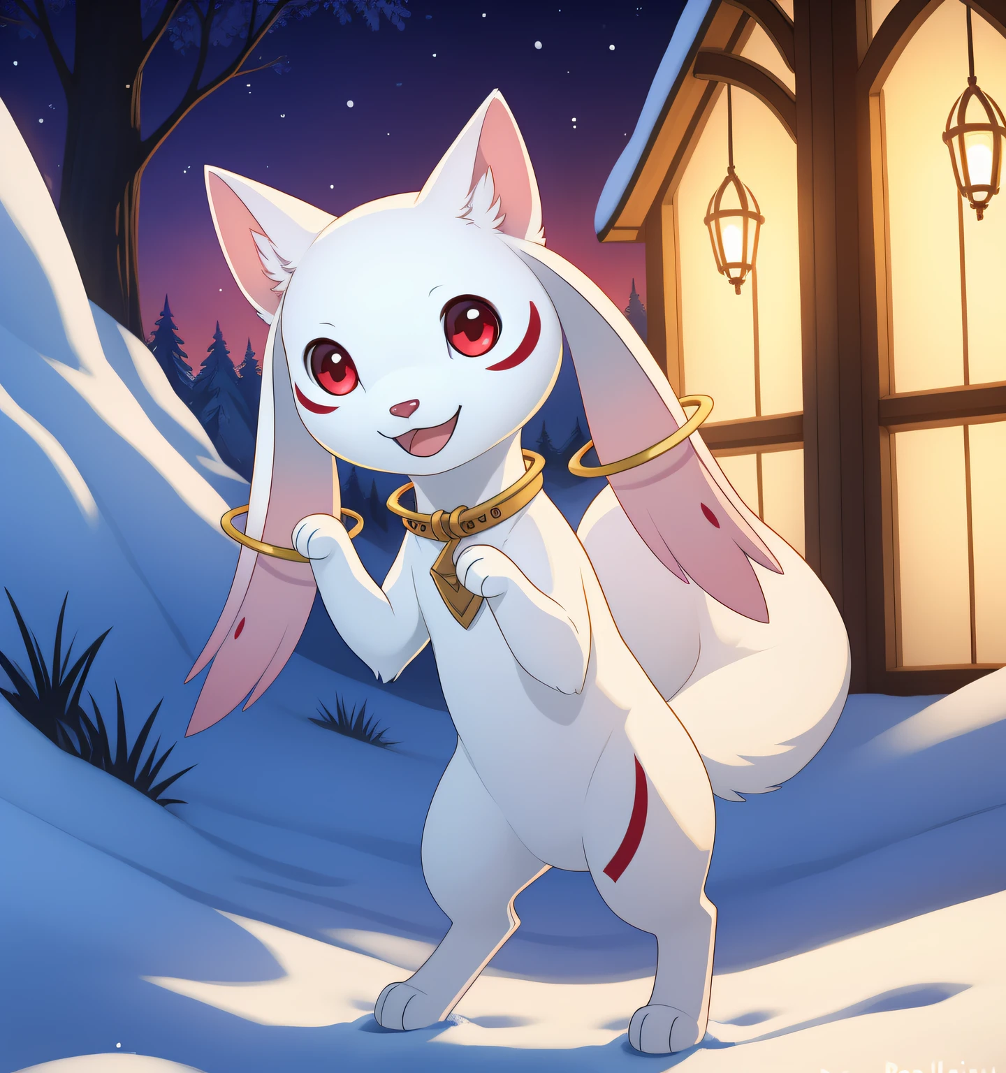 by ruan jia, by wolfy-nail, by hioshiru, by snowskau, BREAK
solo, [Kyubey], ambiguous gender, feral, standing, looking at viewer, red eyes, happy, bodypaint BREAK
detailed background, snow, forest, firefly