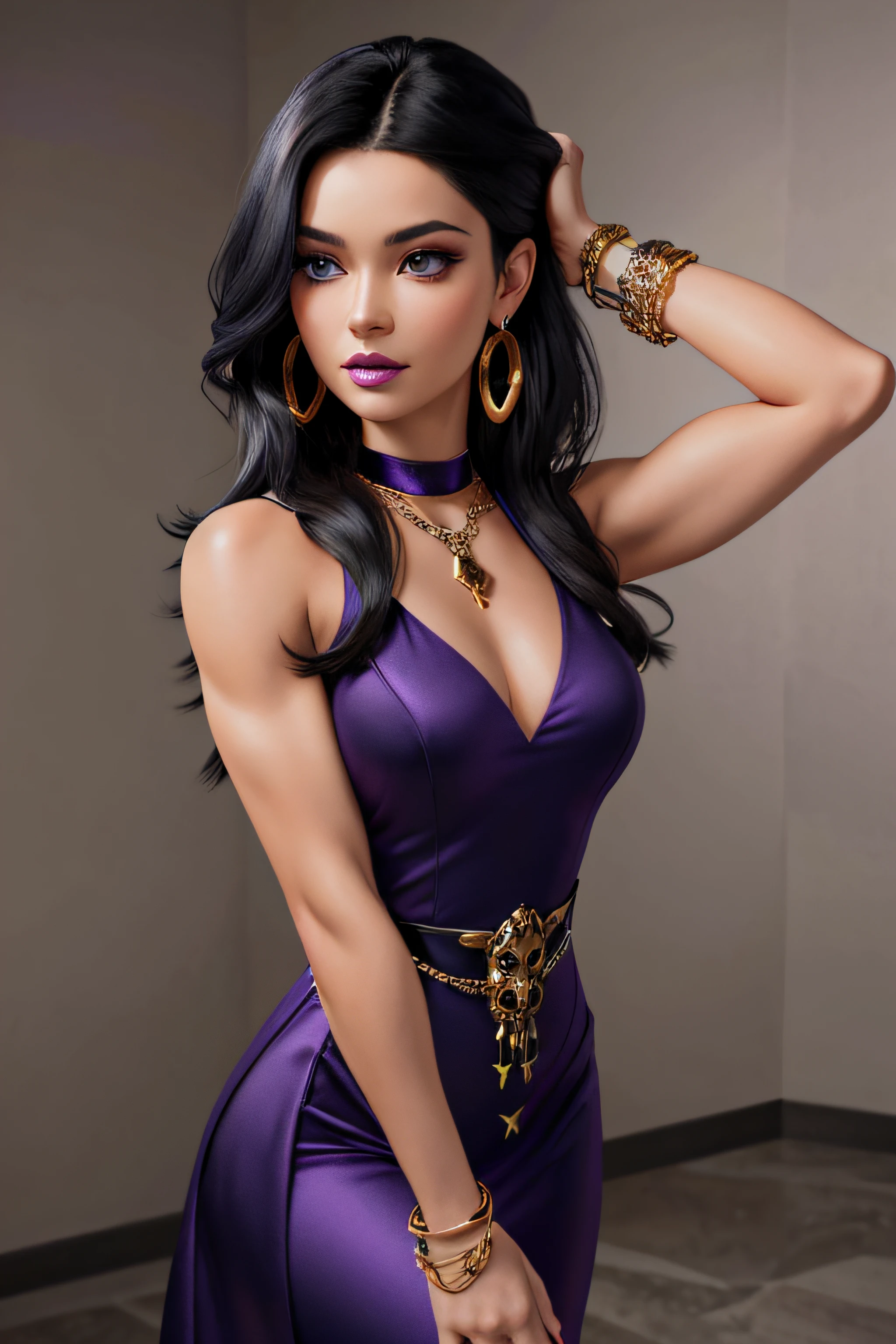 ( Masterpiece, 4k resolution, ultra-realistic, very detailed) a beautiful sexy woman with raven black hair, purple eyes, dark purple lips, golden hula hoop earings, a demonic skull necklece reveling dark blue dress with purple insides, sleeveless, with an opening on the chest and abdomen, dark blue boots, small chains accessories on her arms, black ring bracelets on her wrists full body in the style of realism, glistening skin, , natural lighting, Defined full lips. fitness feminine body. portrait photography by artgerm, in the style of realism, glistening skin, , natural lighting, Defined full lips. Muscular fitness feminine body,