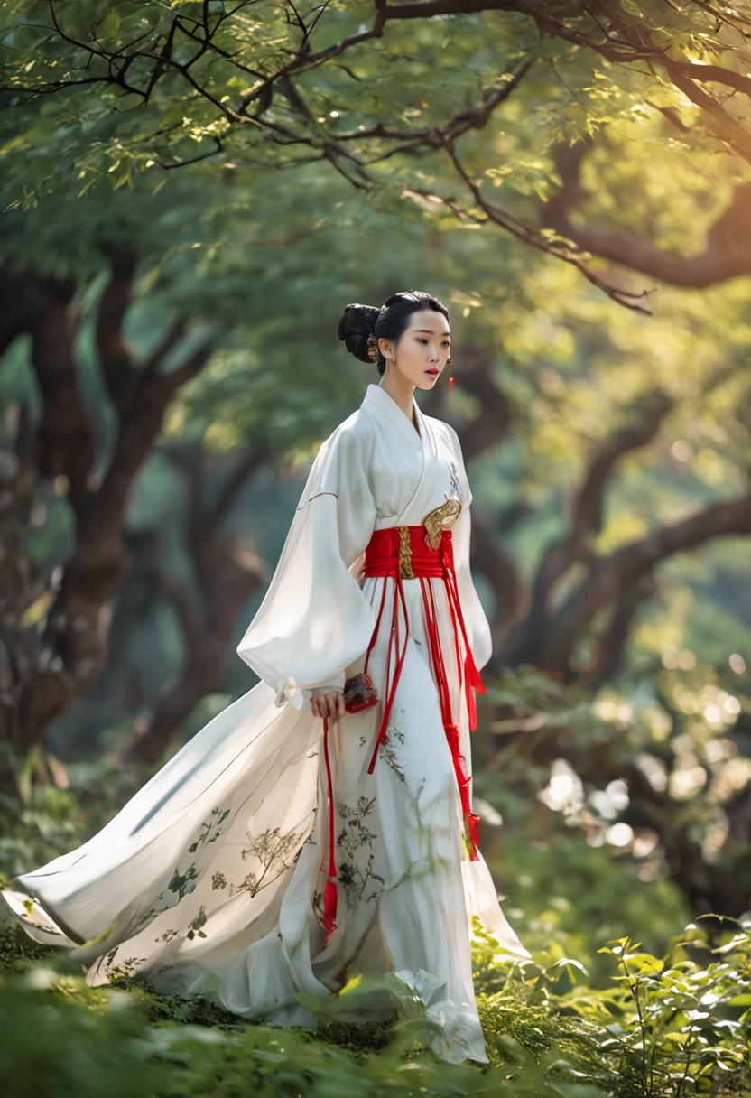 A woman dressed in traditional clothing rides a horse through a bamboo forest, Hanfu, Palace ， A girl in Hanfu, White Hanfu, Wuxia, full-body wuxia, Wearing ancient Chinese clothes, xianxia fantasy, with acient chinese clothes, Chinese costume, Anime girl cosplay, Chinese style, Chinese fantasy, Chinese traditional, Traditional Chinese clothing