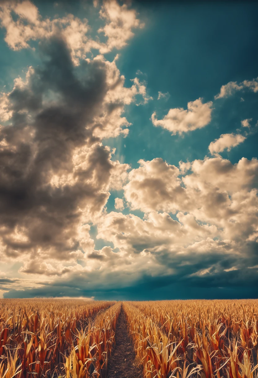 Cornfield，nachos，with blue sky and white clouds，k hd，Photo effects