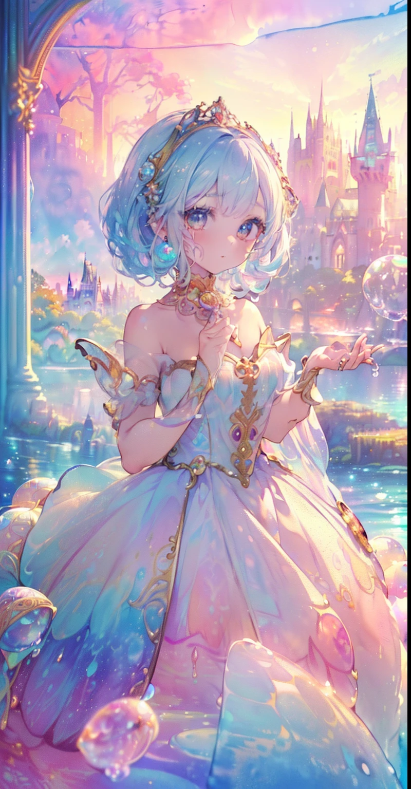 (((masterpiece, best quality, 8k resolution, sharp focus, Intricate details, beautiful girl, bright eyes, Face Golden Ratio, otherworldly liquid, watercolor, ((Pastel)), Bright colors, whimsical, Multifaceted, focus sharp, very high resolution, fine detail, fantasy princess ball gown, ((round eyes)), iridescent bubbles, castle landscape in the background)