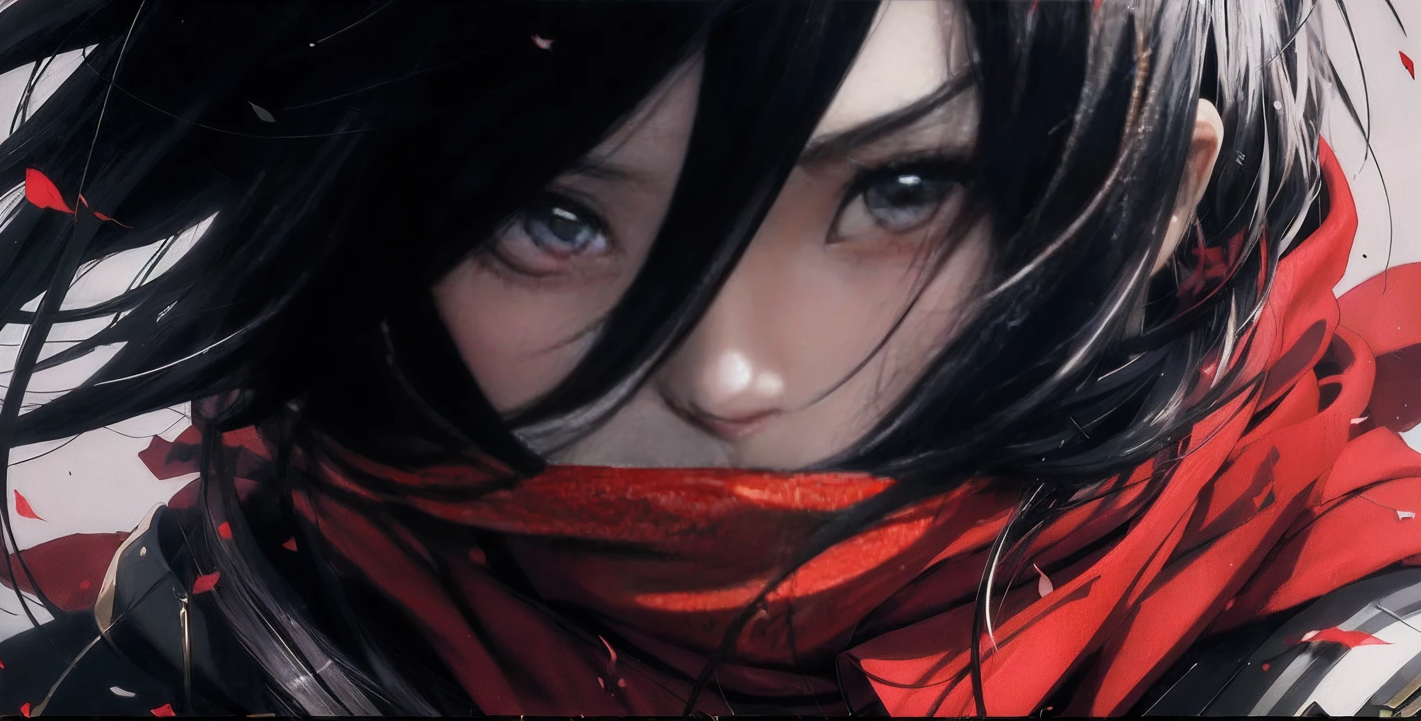 Anime girl with black hair and red scarf looking at camera, olhos muito detalhados, olhos realistas, brilho nos olhos, ((olhos muite detalhados) 4 k manga wallpaper, Estilo anime 4K, papel de parede anime 4k, badass anime 8 k, retrato impressionante do rosto do anime, Anime Art Wallpaper 4K, Anime Art Wallpaper 4K, 4k anime wallpapers, 4k anime wallpapers, Anime Art Wallpaper 8K, Artgerm 4K