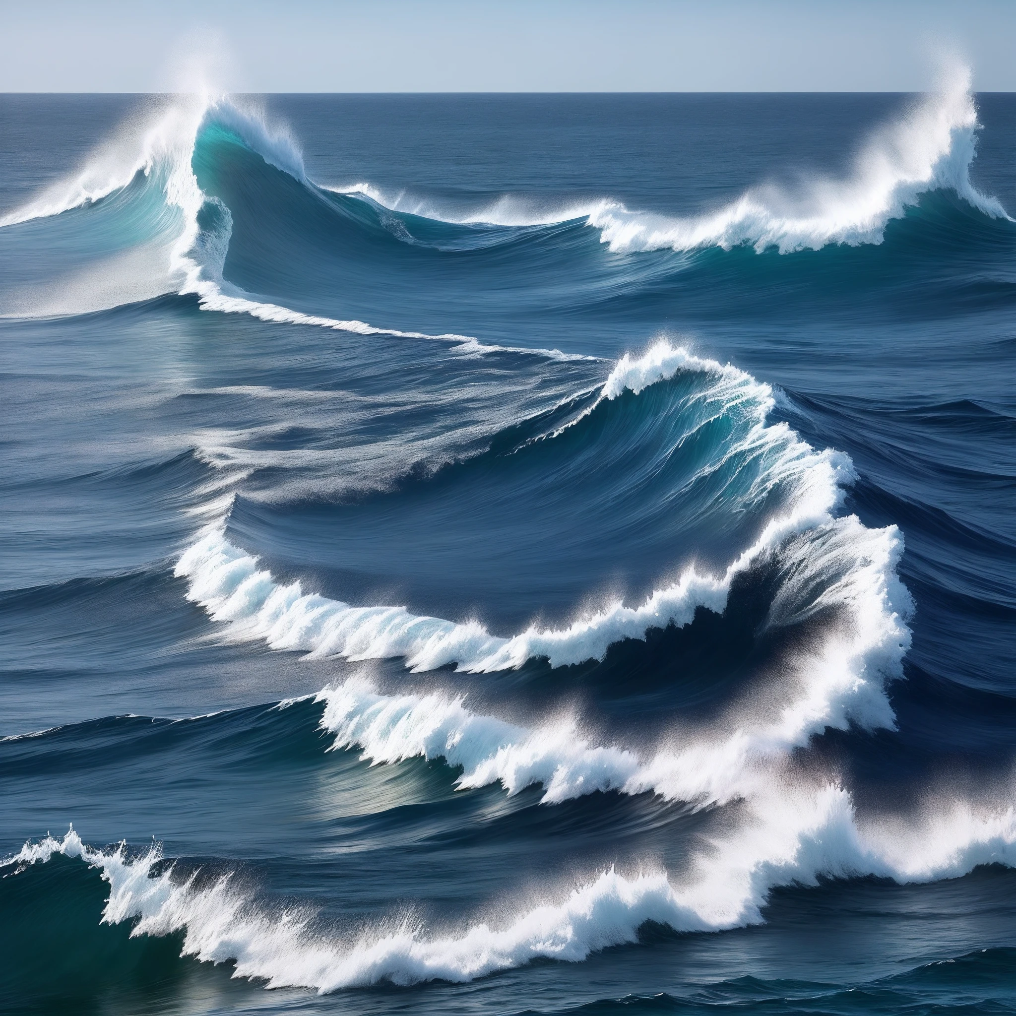 Deep blue ocean，choppy，The fins of the black shark emerge from the sea，There is a blurry island in the distance，2.5d