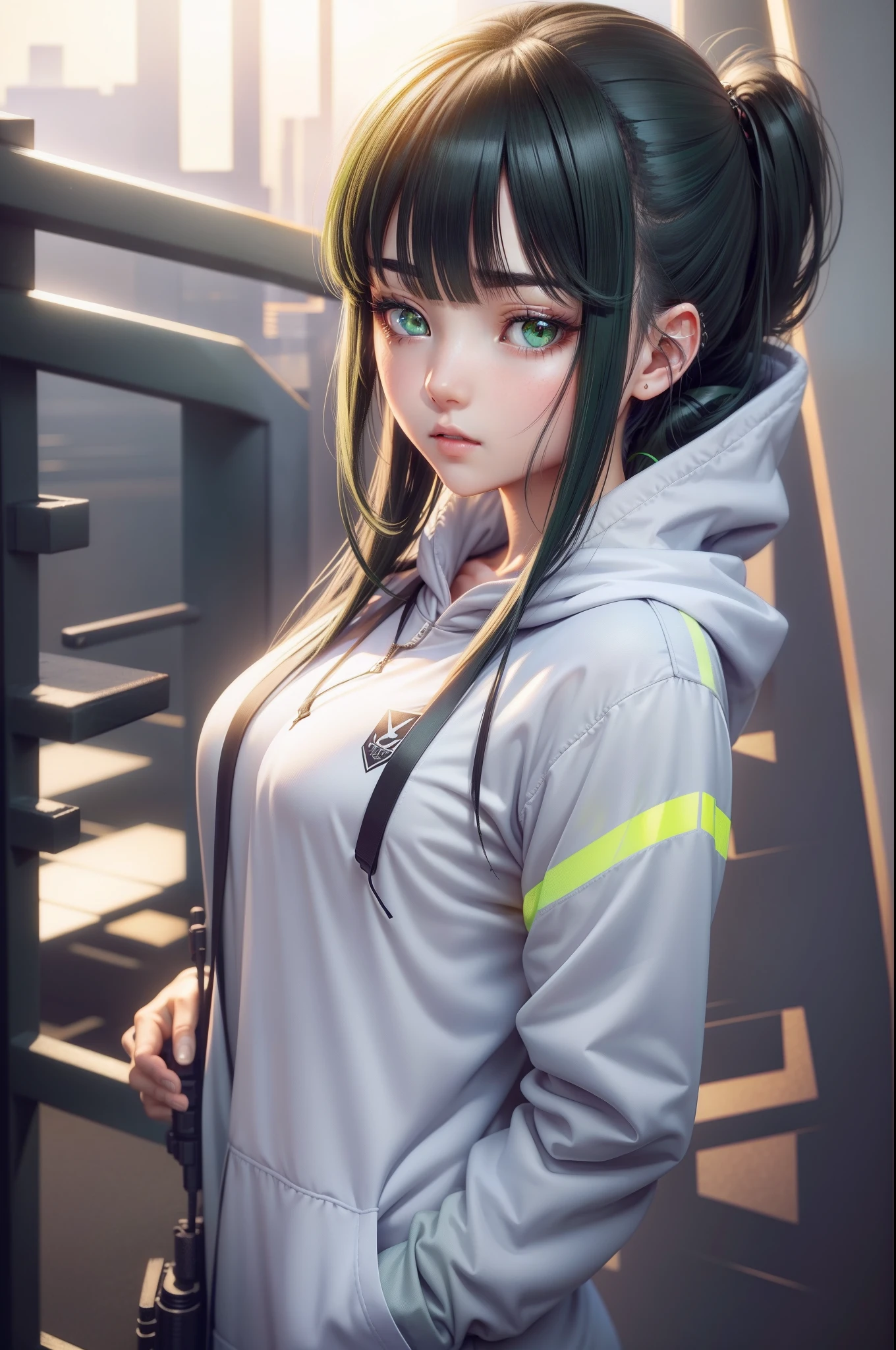、assault rifle、Long sideburns、Beautiful anime style girl all over, clean detailed faces, Cyber,analogous colors, Glowing shadow, beautiful gradation, Depth of field, Clean image, High quality,Black hoodie outfit、 High detail, High definition, Blush, coalescence, beleza celestial, Very detailed, Soft lighting, full bodyesbian,Green＆Black hair,Green eyes、