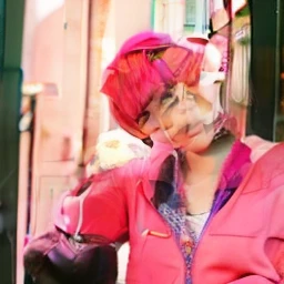 Pink hair short hair pink jaket