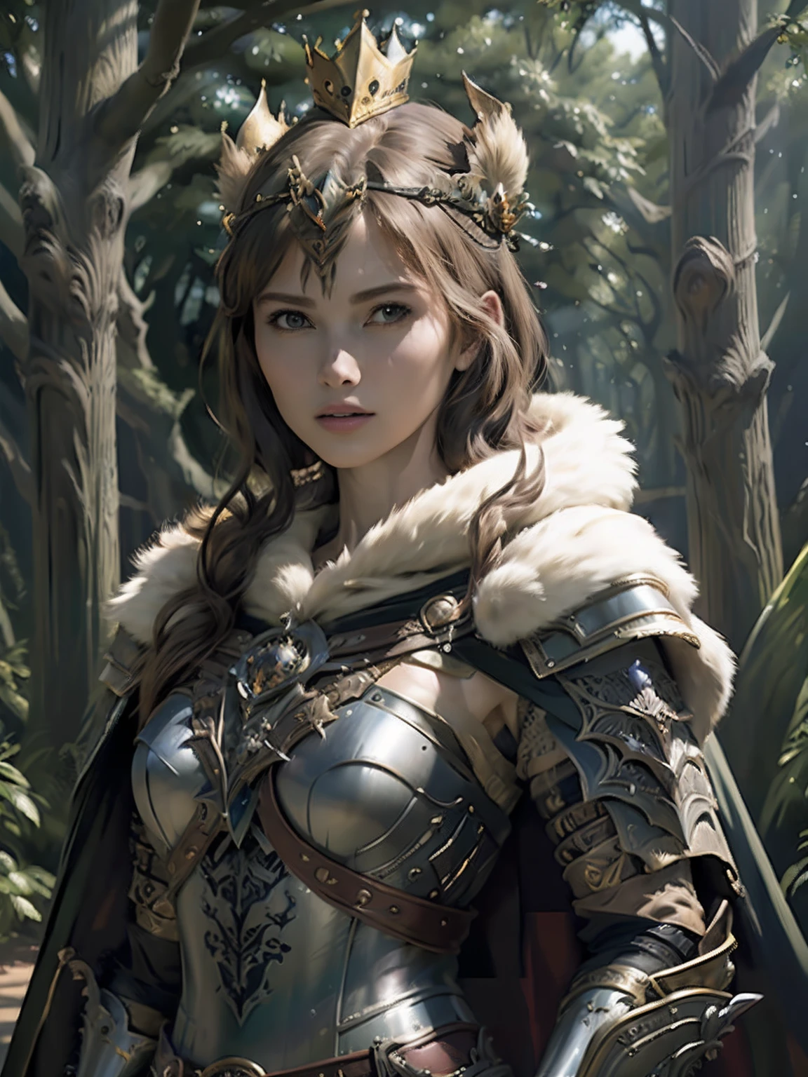 (masterpiece, top quality, best quality, official art, beautiful and aesthetic:1.2), (1girl), (warrior queen armor, fur-lined cape, jeweled crown:1.2),serious