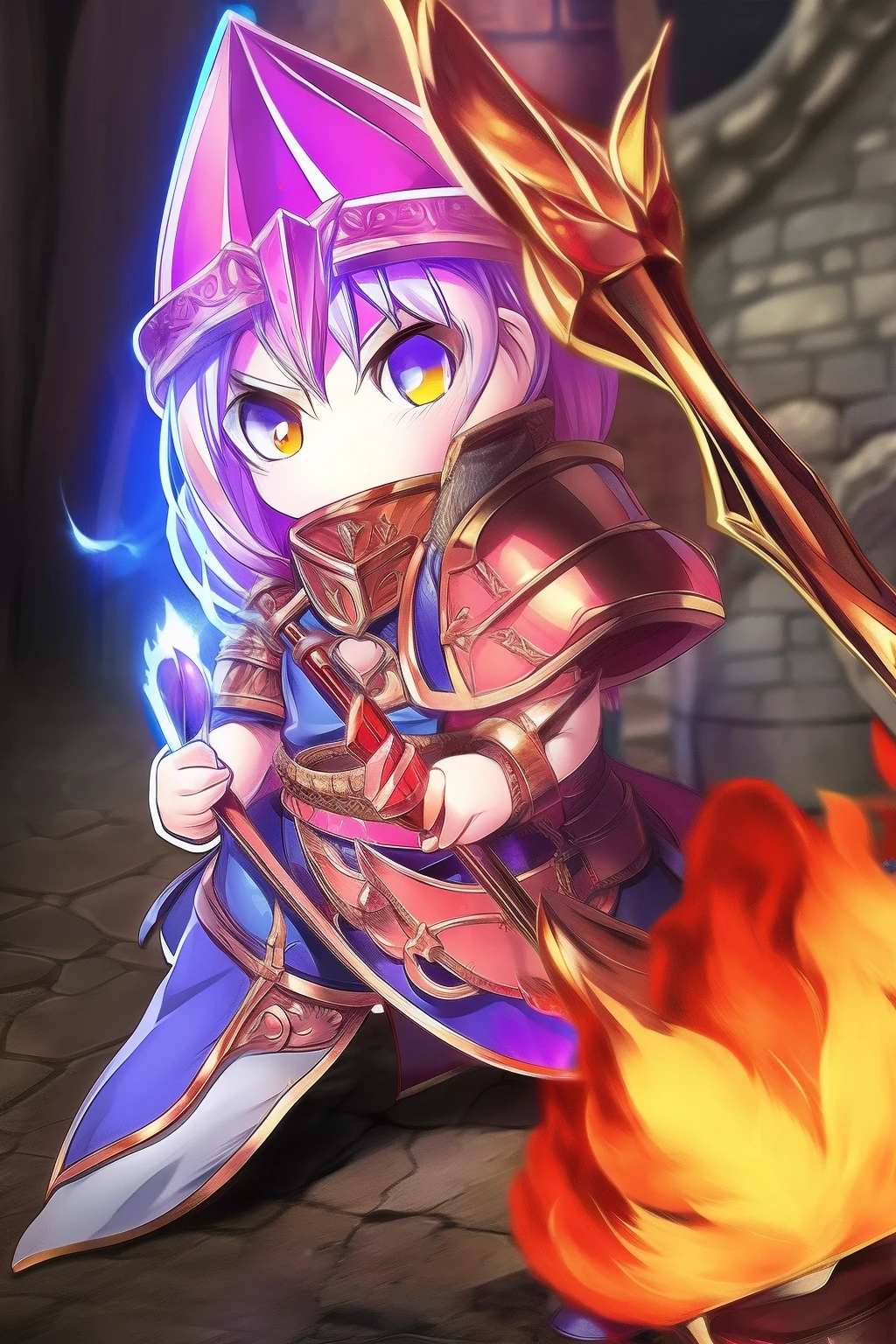 A dwarf with fiery eyes, With a huge magic hammer, Metallic skin