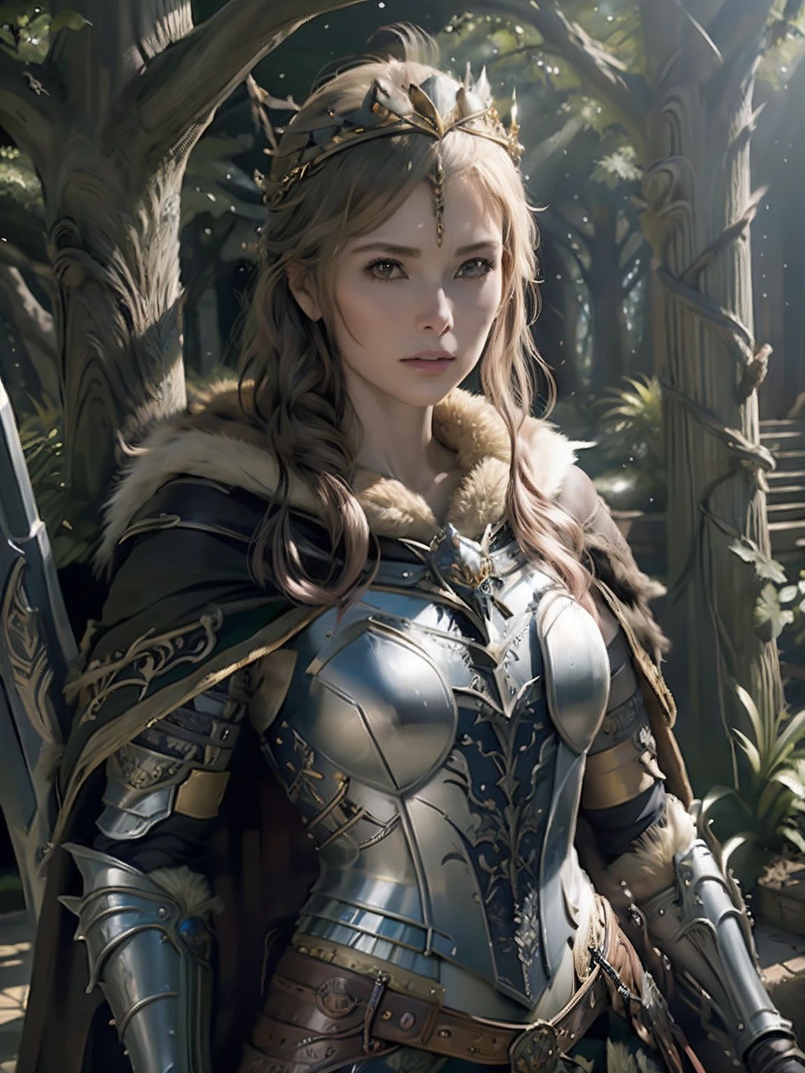 (masterpiece, top quality, best quality, official art, beautiful and aesthetic:1.2), (1girl), (warrior queen armor, fur-lined cape, jeweled crown:1.2),serious