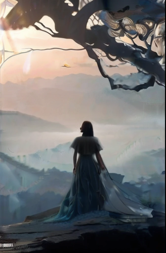 A woman in a white dress stands on a rock looking out over the valley, Lucian, scene where she is in rivendell, inspirada em Christophe Vacher, a still of an ethereal, moody misty fantasy art, eerie moorlands behind her, fantasy movie still, lord of the rings aesthetic, elegant cinematic fantasy art, author：Christopher Vachcher