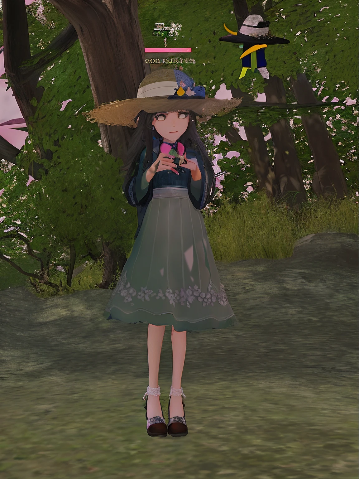 In the grass stood a girl in a dress and hat, second life avatar, spellcasting pose, inspired by Sim Sa-jeong, with straw hat, dressed with long fluent clothes, distant full body view, Standing in the forest, distant full body shot, tattered green dress, Evening!! In the forest, loli in dress, full pose