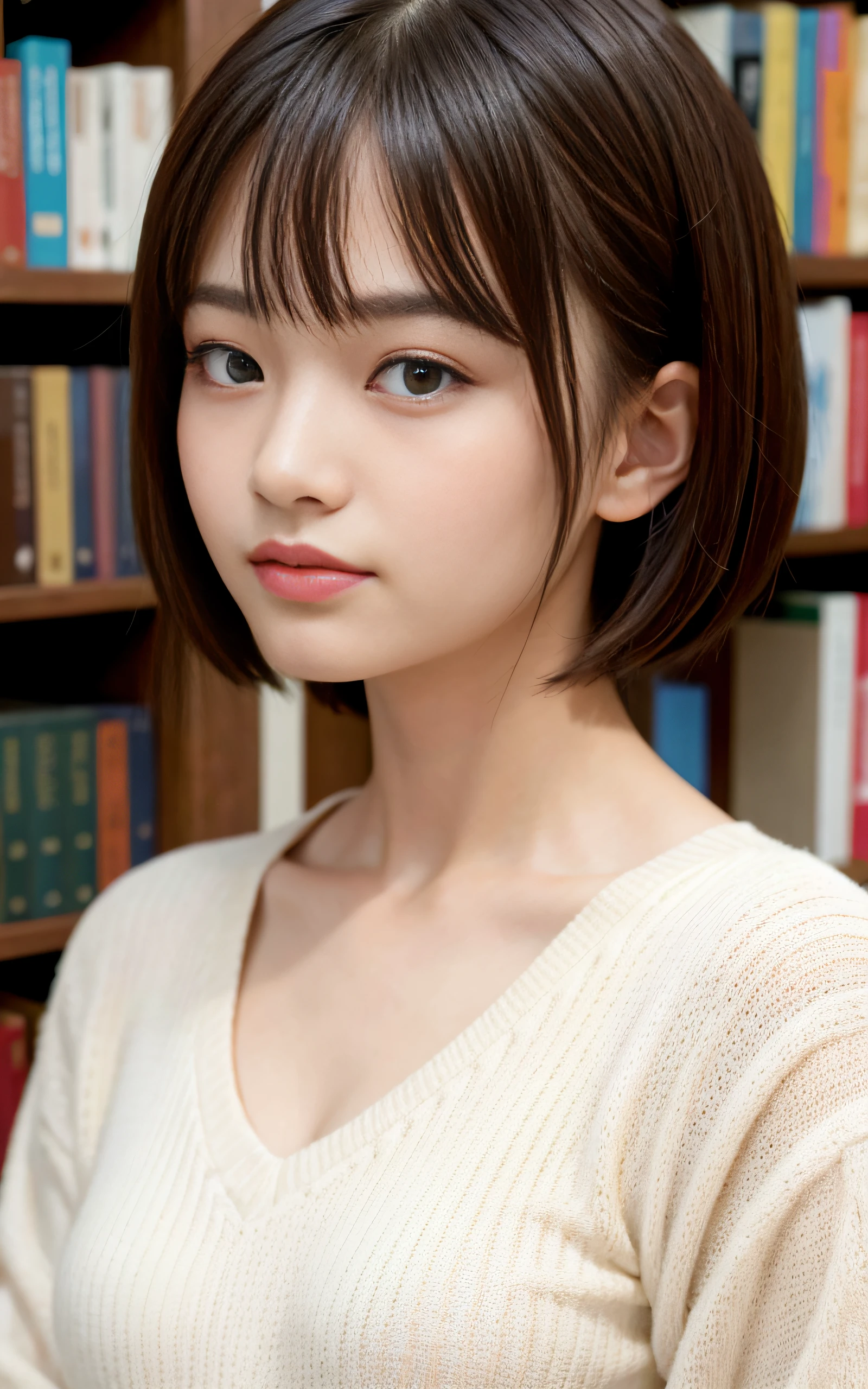 highest quality, Photorealistic, Very detailed, finely, High resolution, 8K Wallpaper, Professional, High level of detail, ((One 18 year old girl:1.2)), Slender Japanese women,Pretty lips, (Beautiful long lashes:1.2)、Detailed clavicle, Perfect Face, (Cute short bob hair:1.5),Top Quality,Ultra-clear resolution,Clear Eyes,Sunburned skin,Perfect large breasts,have perfect legs,Focus on the legs,(studying in the library:1.5)、(Serious look:1.5)