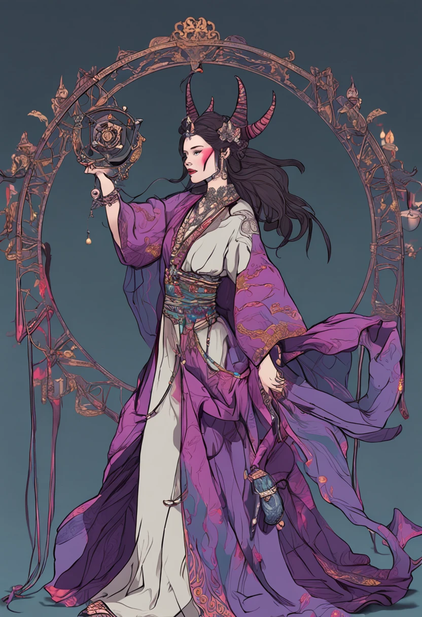 Female demon catcher in costume robes，Oriental beauty，Many pendants on the waist have excellent details，The clothing is blue-purple，heroic look