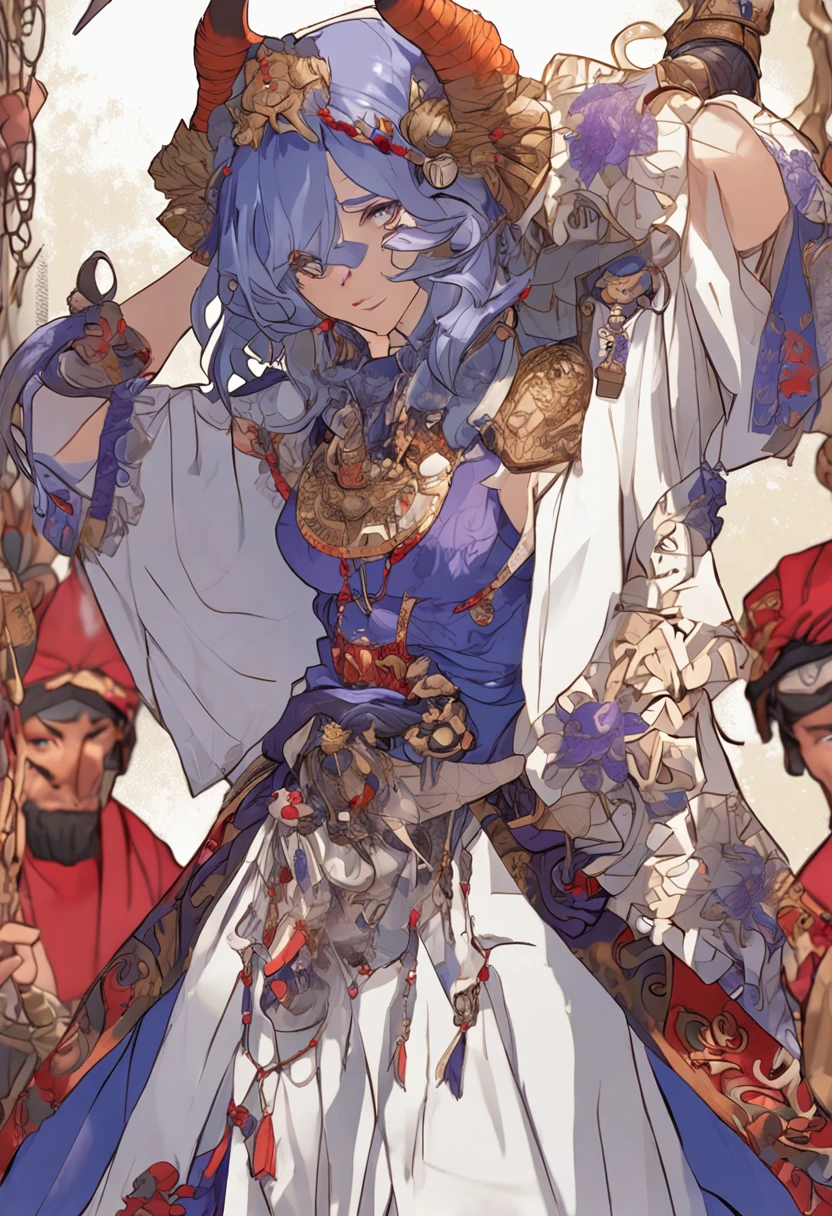 Female demon catcher in costume robes,Oriental beauty,Many pendants on the waist have excellent details,The clothing is blue-purple,heroic look