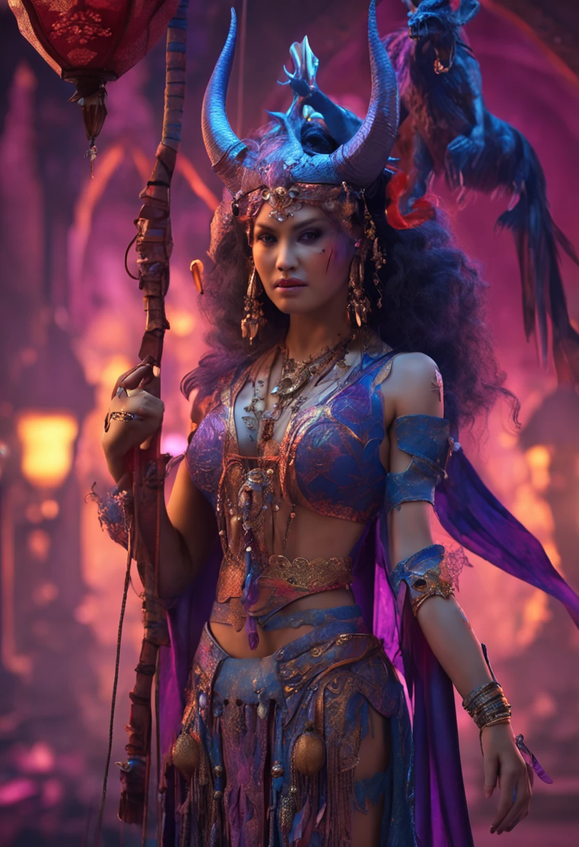 Female demon catcher in costume robes,Oriental beauty,Many pendants on the waist have excellent details,The clothing is blue-purple,heroic look