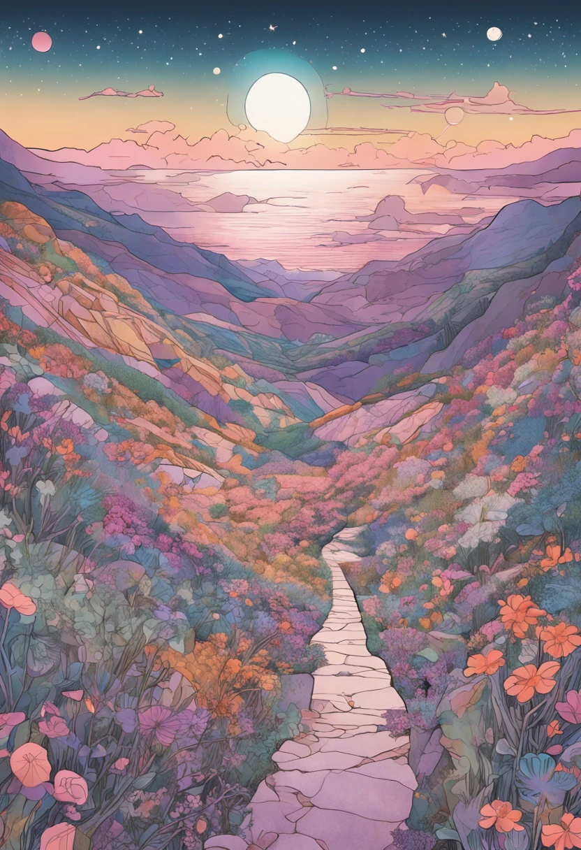a drawing of a road through the mountains, in the style of floral surrealism, light purple and light amber, sailor moon, rough collage art, romantic moonlit seascapes, naomi okubo, photorealistic fantasies