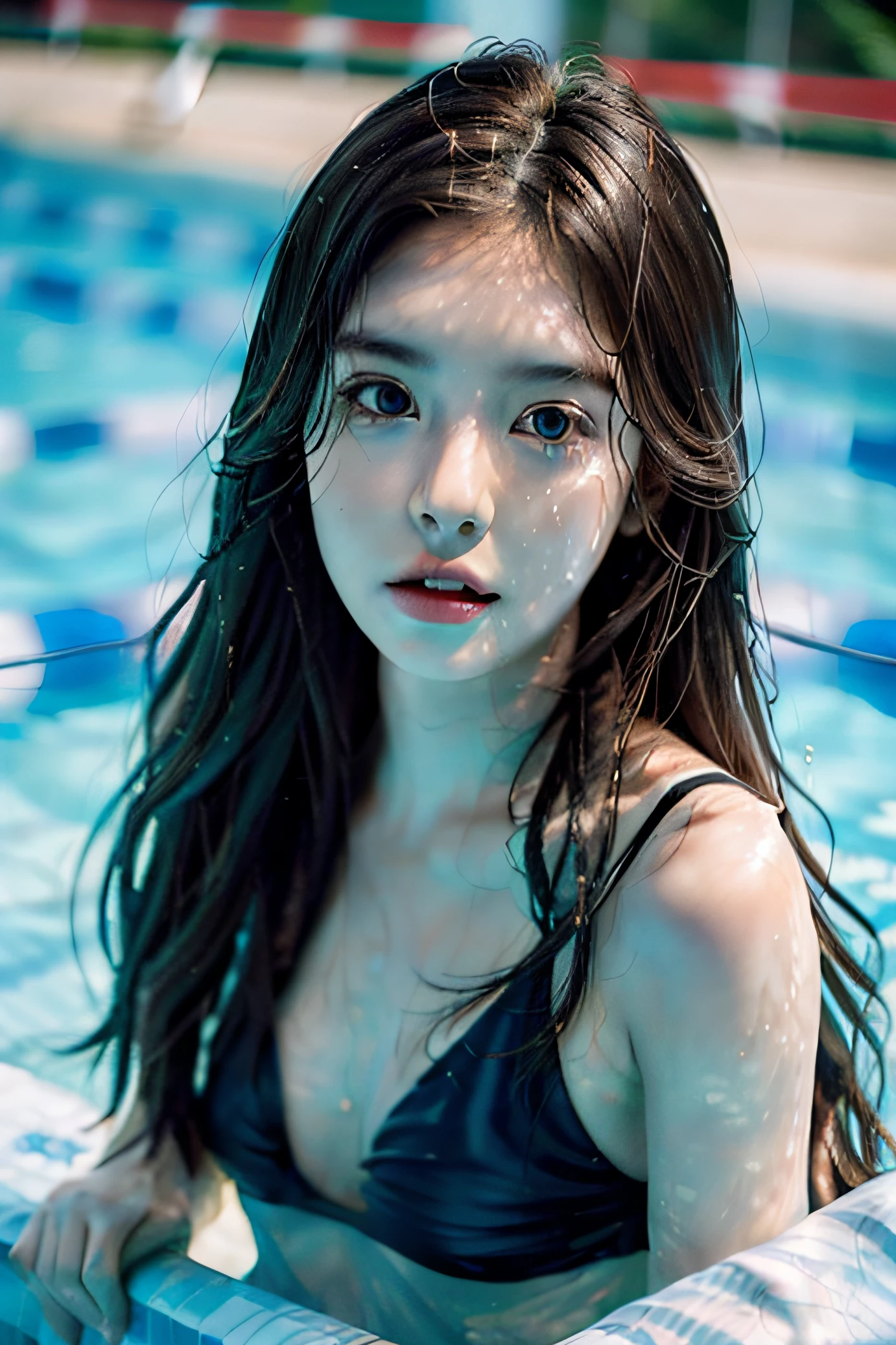 analog style, model shoot style, (full body) photo of a girl, 1girl, (swimming pool background:1.8), ((cutest face: 1.8, perfect face:1.3)), (long hair:1.4, pale skin:1.5), (from above:1.2), best quality, epic (by lee jeffries photo, sony a7, 50 mm, pores:1.5, colors, hyperdetailed:1.5, film grain:1.4, hyperrealistic: 1.5), hyper-realistic lifelike texture,