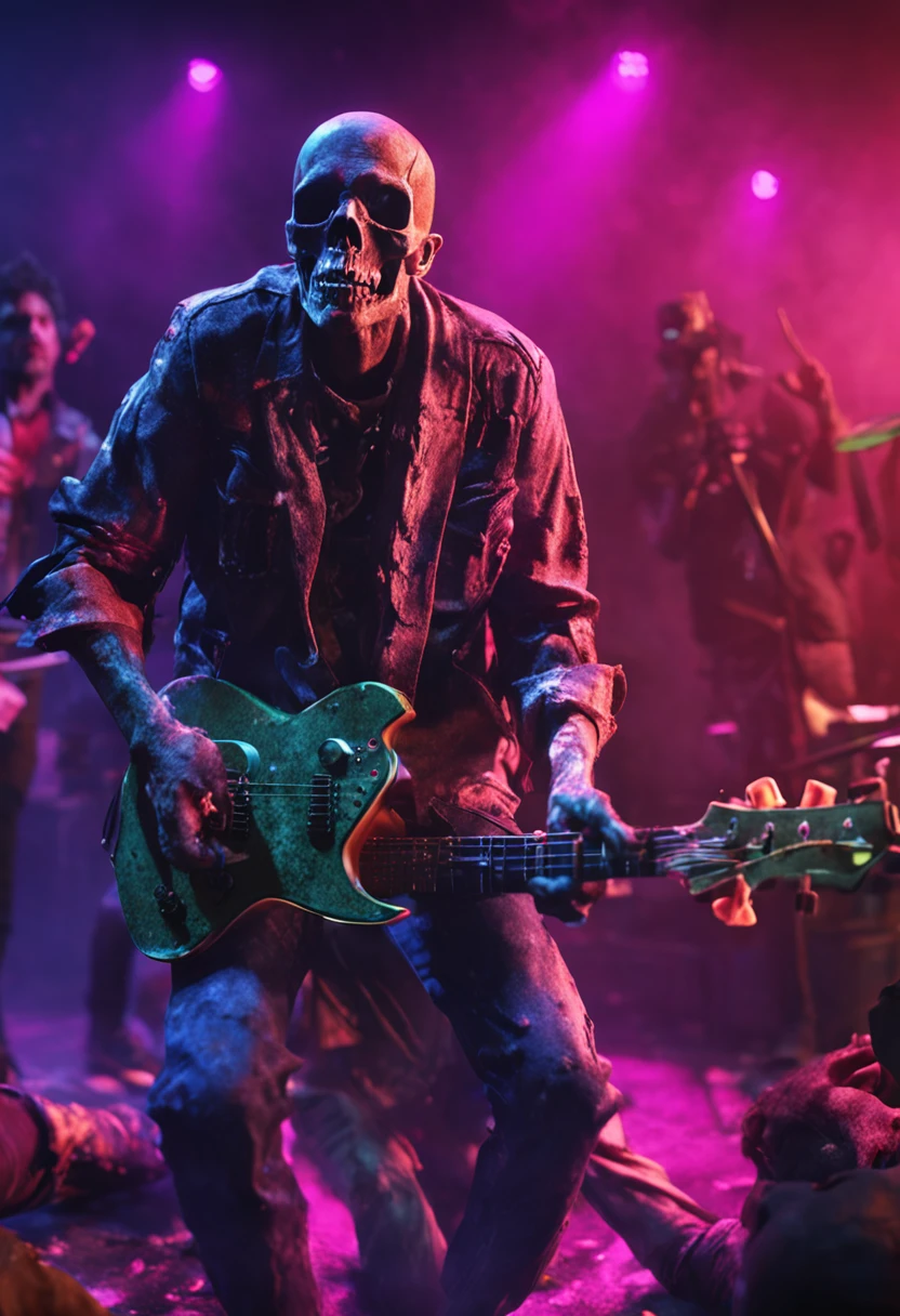 A rock band made up of realistic zombies , deep colour , On a stage where skulls are scattered