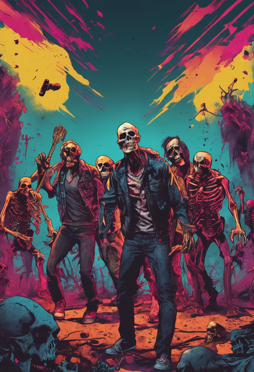 A rock band made up of realistic zombies , deep colour , On a stage where skulls are scattered