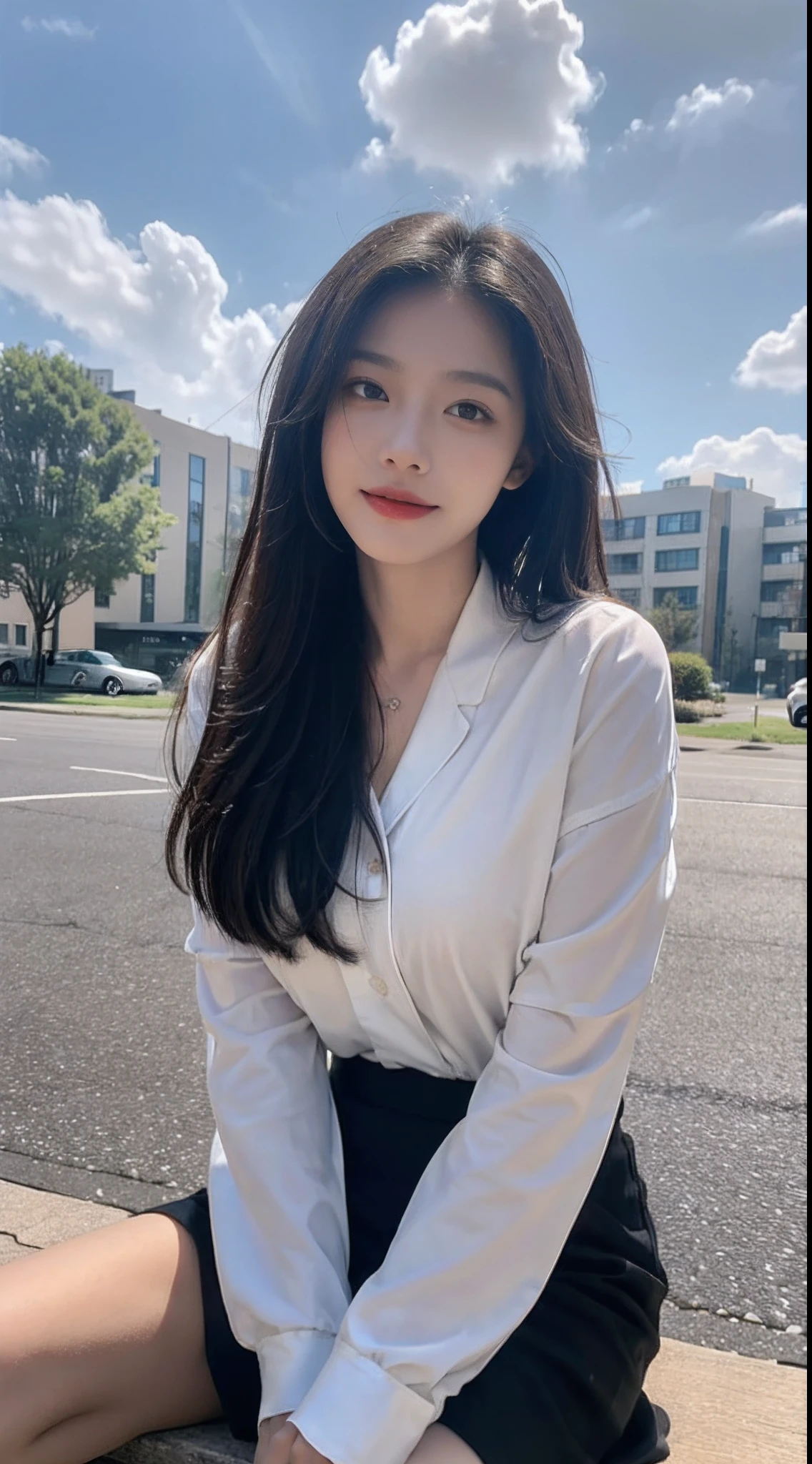 (1 cute Korean star with royal sister style), ((Best quality, 8K, 巨作: 1.3)), focal point: 1.2, Perfect body proportions: 1.4, (Make a smile), (Ray traching),Watery eyes, Highly Detailed Face and Skin Textur, Fine eyes, Double eyelids, Whitens the skin, (long whitr hair, Air bangs: 1.3), (face round: 1.5), (College uniforms: 1.4), (JK style:1.4),(on the rooftop,The wind blows),(white stockings)
