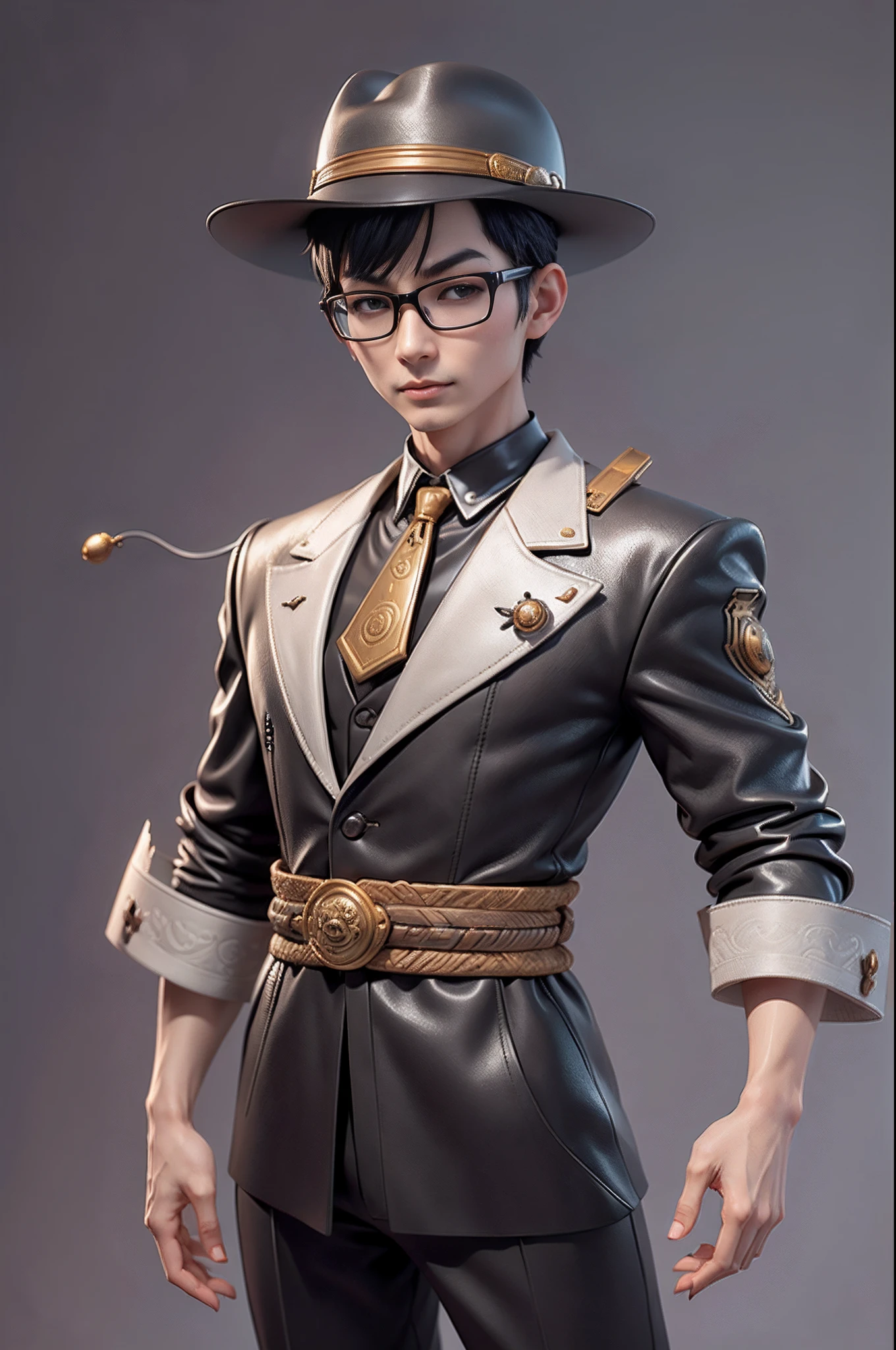 Young man with oriental face in leather hat, tiger, oriental face in formal suit, short black hair, silver glasses, digital painting, 3D character design by Mark Clairedon and Pixar and Hayao Miyazaki and Akira Toriyama, the illustration is a high-definition illustration in 4K resolution with very detailed facial features and cartoon-style visuals.