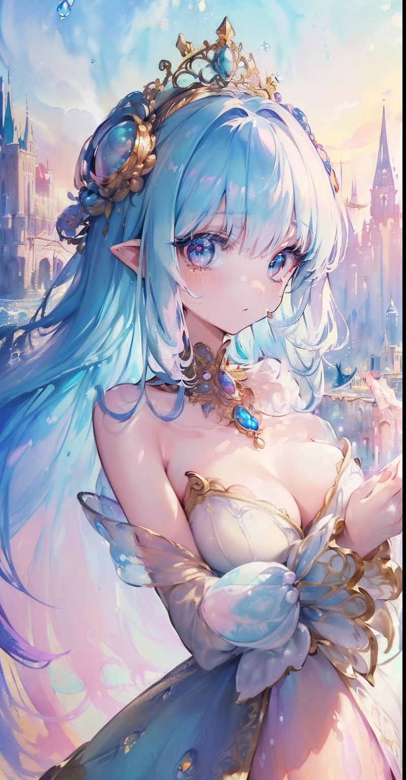 (((masterpiece, best quality, 8k resolution, sharp focus, Intricate details, beautiful girl, bright eyes, Face Golden Ratio, otherworldly liquid, watercolor, ((Pastel)), Bright colors, whimsical, Multifaceted, focus sharp, very high resolution, fine detail, fantasy princess ball gown, ((round eyes)), iridescent bubbles, castle landscape in the background)