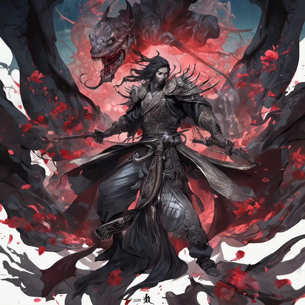 Best quality, Masterpiece, 超高分辨率, (photograph realistic:1.4), surrealism, Dream-like,fusionart, Shadowdancer, shadow magic, darkness control, stealth, shadowstep, umbral spells, hidden blade, Samurai vampire, human