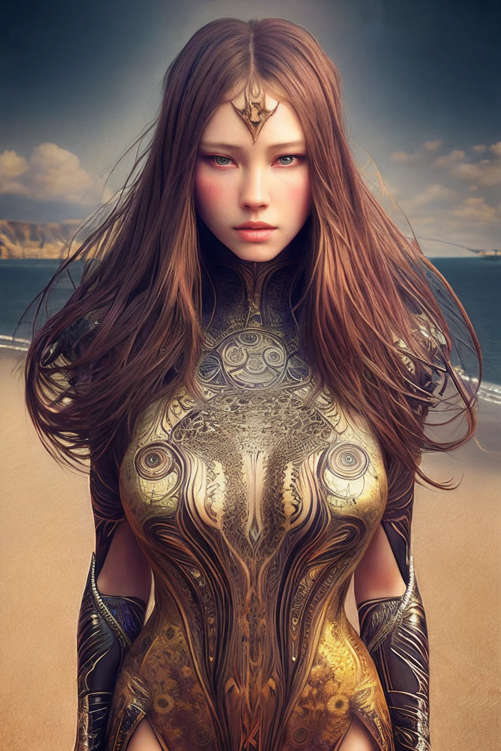 High waist Portrait of an exotic beautiful Caucasian woman wearing trendy clothes on a beach, perfect detailed detailed face, detailed symmetrical brown eyes with circular iris, realistic, stunning realistic photography, 3d rendering, octane rendering, intricately detailed, cinematic, trend in artstation, isometric, hyperrealistic cover photo centered, stunning colors, hand-drawn, dark, sandy, mucha, klimt, erte 12k, high definition, cinematic, neoprene, winner of the behance contest, portrait presented on unsplash, stylized digital art, smooth, ultra high definition, 8k, unreal mechanism 5, ultra sharp focus, intricate, menacing, epic artwork, TanvirTamim, trend in artstation, by artgerm, h. r. Giger and Beksinski, highly detailed, vibrant