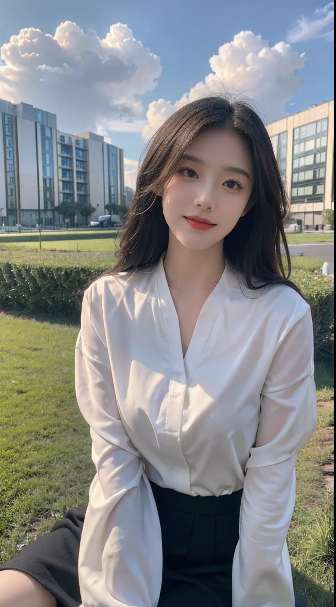 ((Best Quality, 8K, Masterpiece:1.3)), A beautiful girl, pure, melon face, gentle and cute, sweet smile, pure desire, thin figure, (frontal), (tilted head), looking directly at the camera, uniform, obi, formal, black silky long straight hair, long hair flowing over the shoulders, round black big eyes, clear big eyes, moist red lips, sweet, sitting on the side of the road, blue sky and white clouds, grass, buildings,