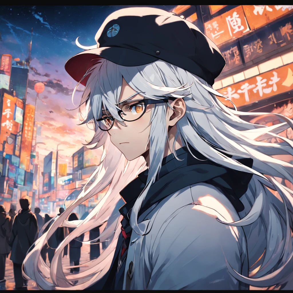 cartoonish style | style of anime | Long-haired boy | White-haired boy | Boy in hat | Boy with glasses